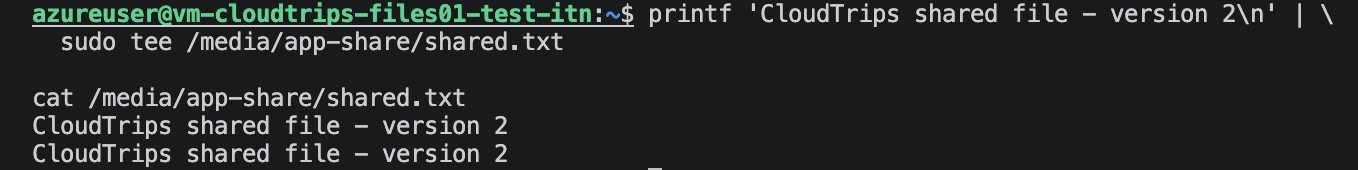 Linux terminal showing the CIFS mount and shared.txt changed to version 2
