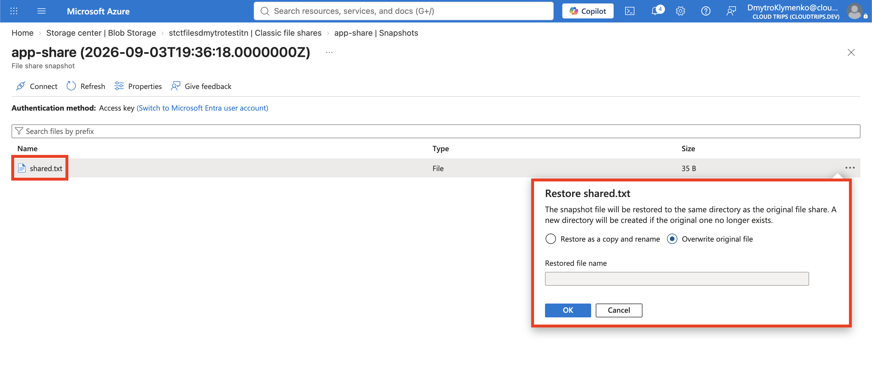 Snapshot browser showing shared.txt selected for restoration over the original file