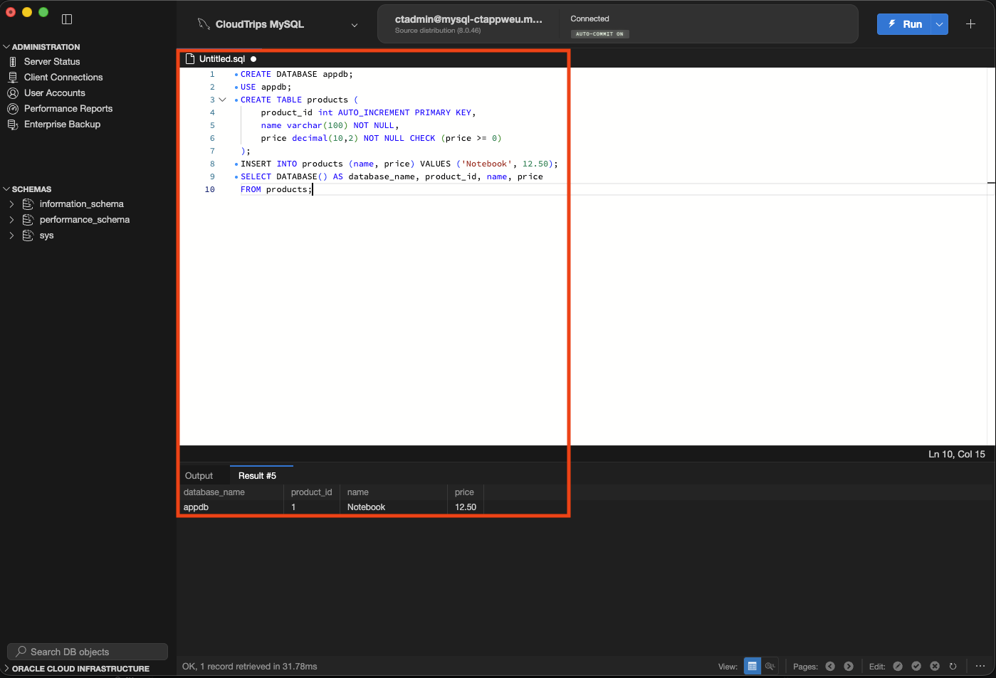 MySQL-Workbench-Abfrageergebnis mit appdb, Produkt-ID 1, Notebook und Preis 12.50