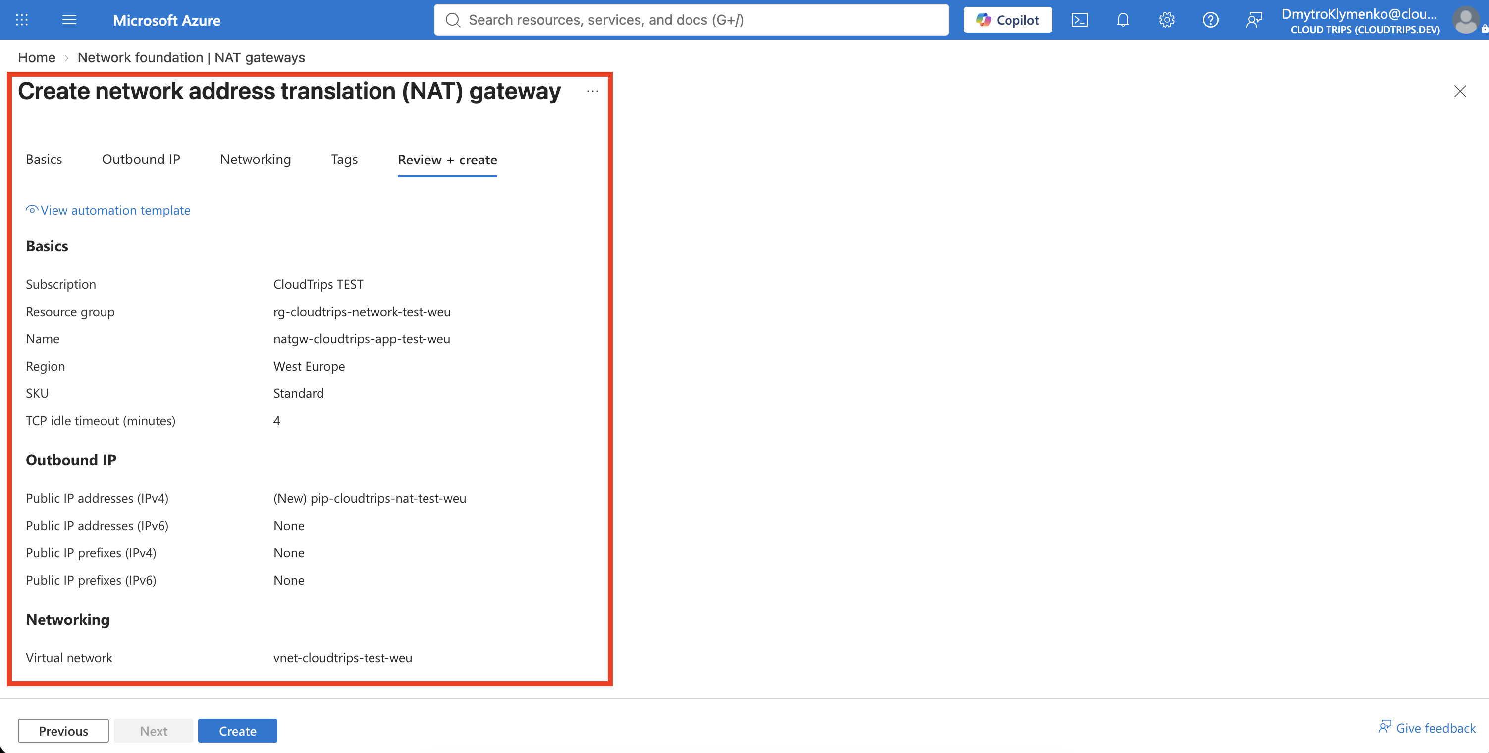 Create NAT gateway page showing the dedicated outbound public IP and snet-app association
