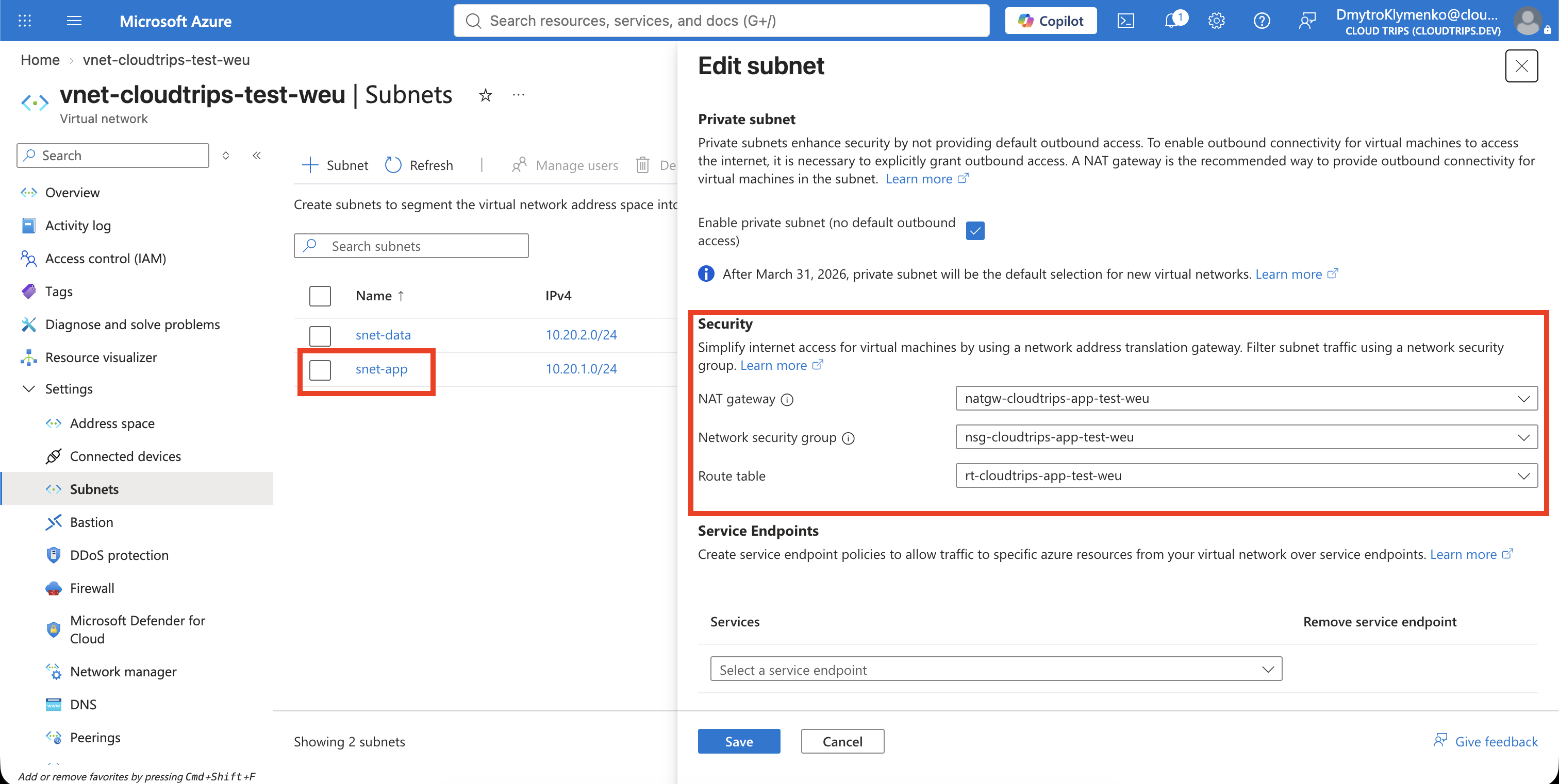 CloudTrips application subnet showing natgw-cloudtrips-app-test-weu as its NAT gateway