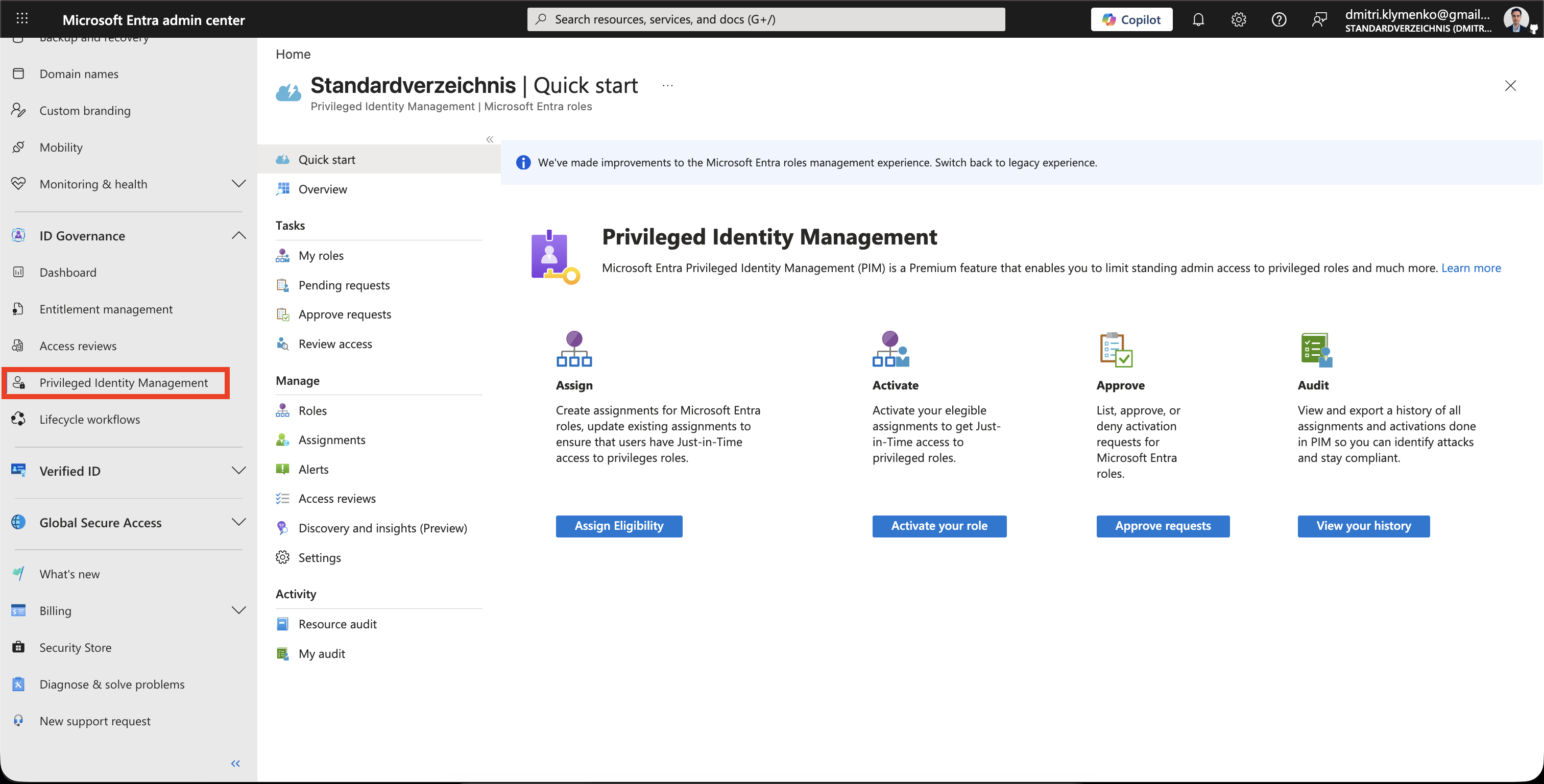 Microsoft Entra Privileged Identity Management page showing Microsoft Entra roles