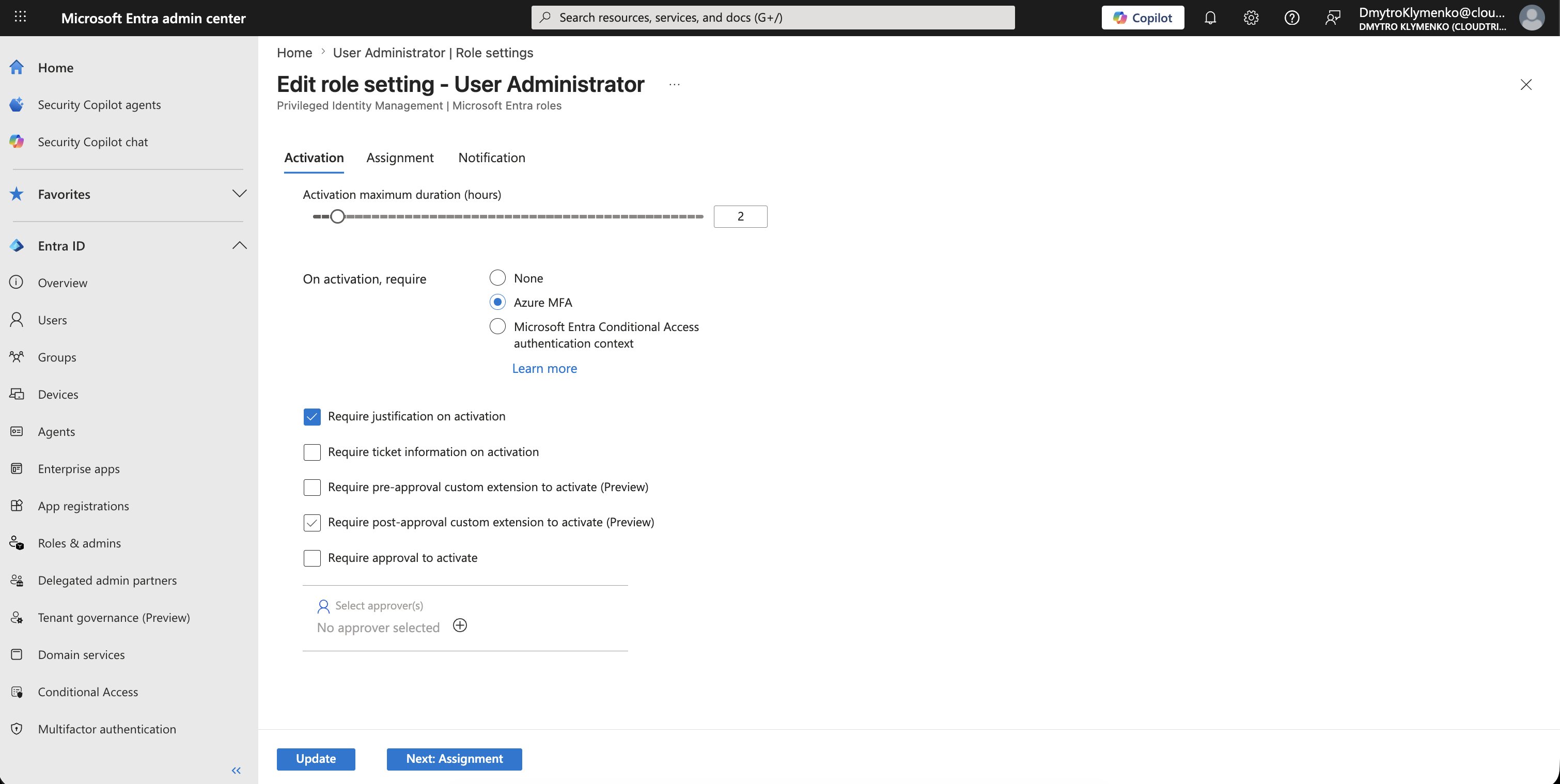 PIM role settings page showing activation duration, MFA, and justification settings