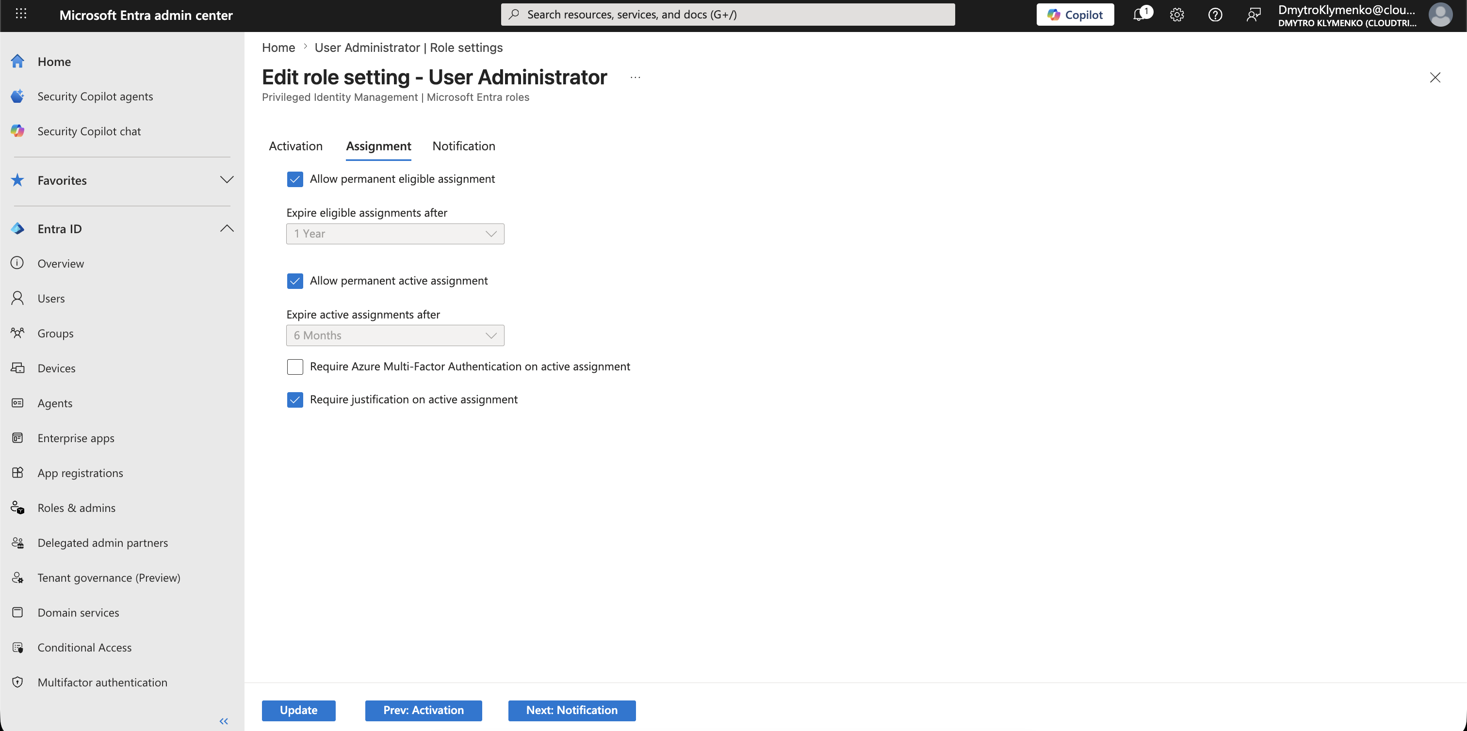 PIM role settings page showing assignment duration settings