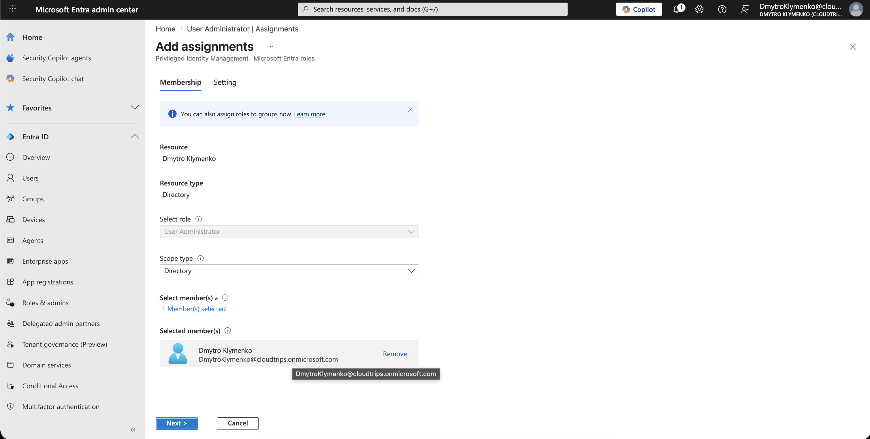 PIM Add assignments page showing User Administrator and selected admin user