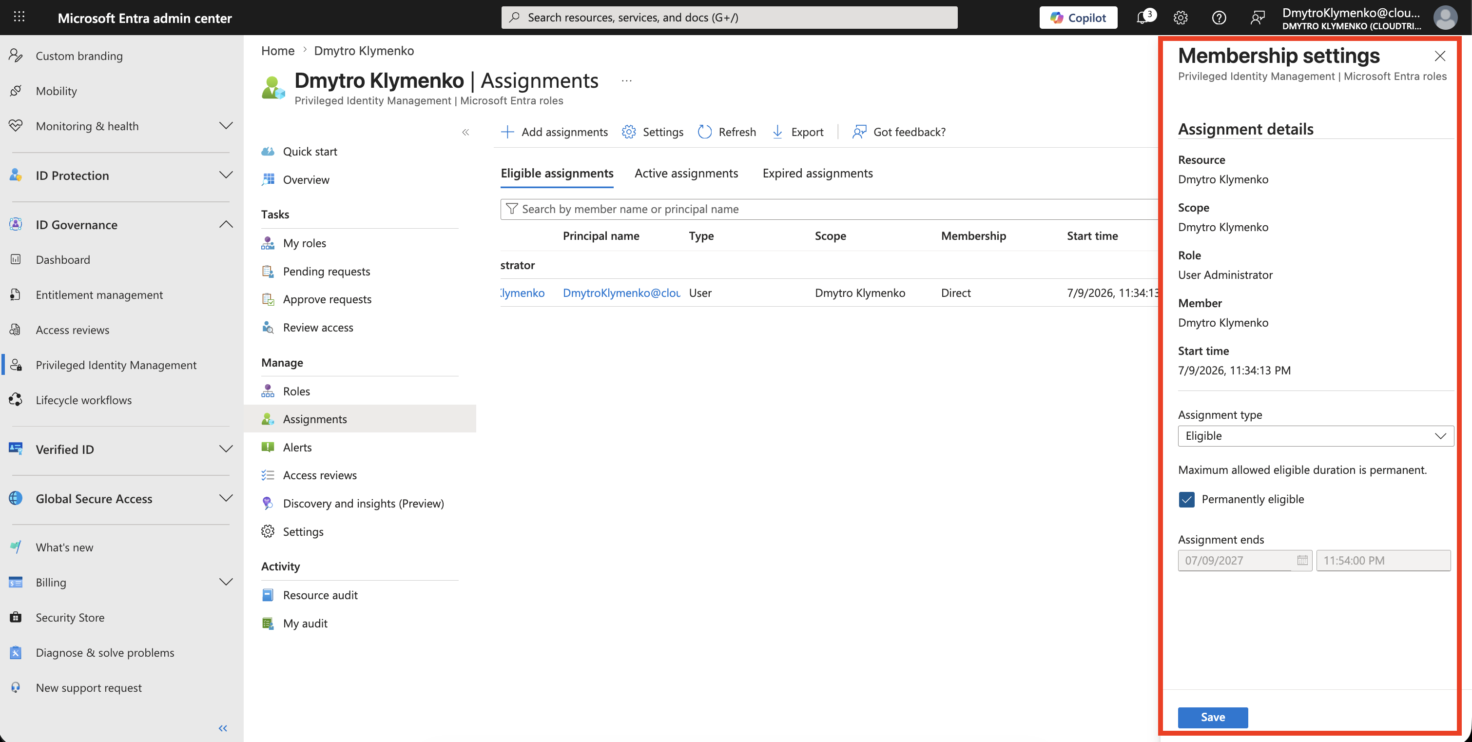 PIM Membership settings pane showing an eligible User Administrator assignment with Permanently eligible selected