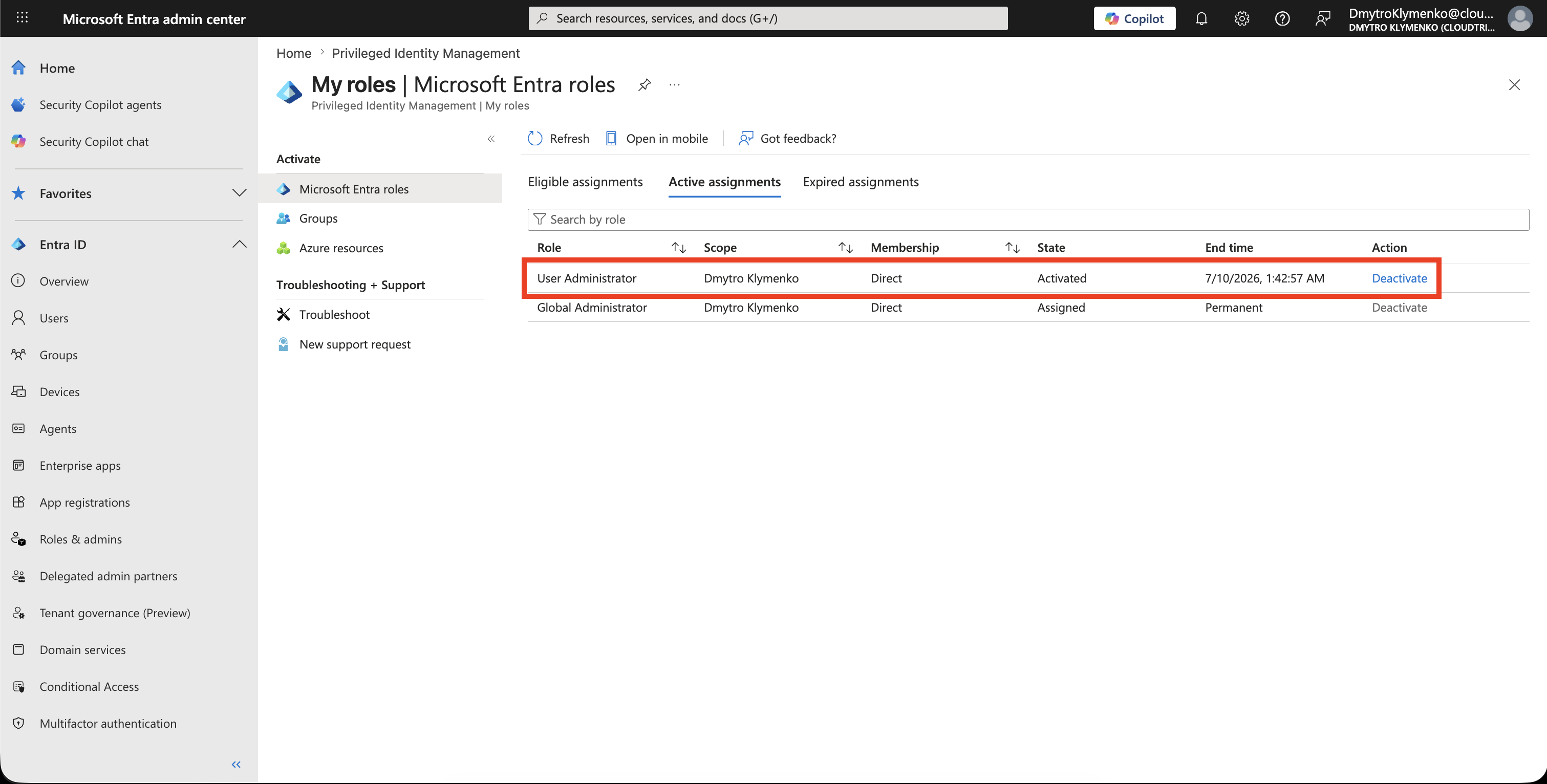 PIM active assignments page showing temporary active role with end time