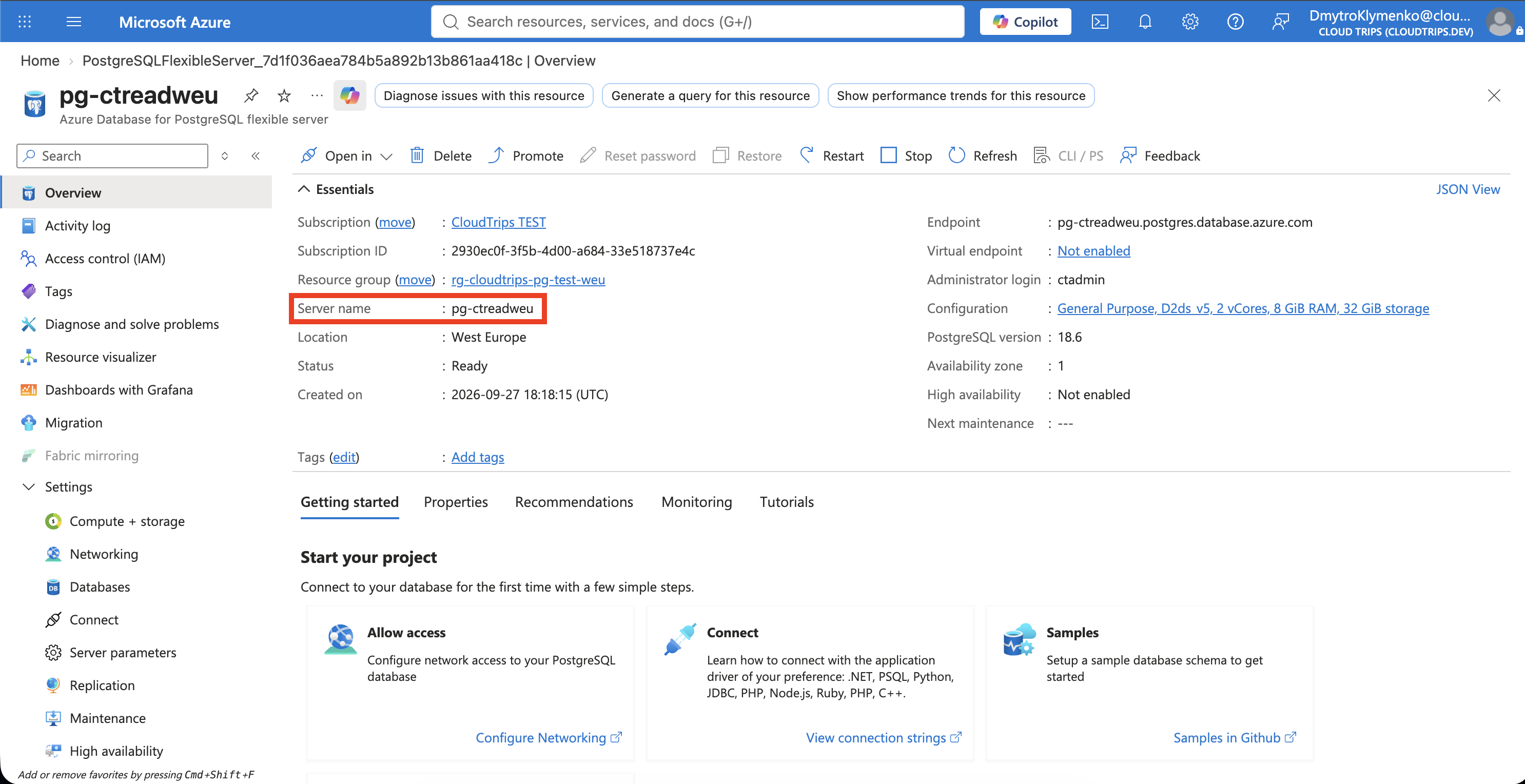 Read-replica creation settings showing pg-ctreadweu in West Europe with pg-ctappweu as the source