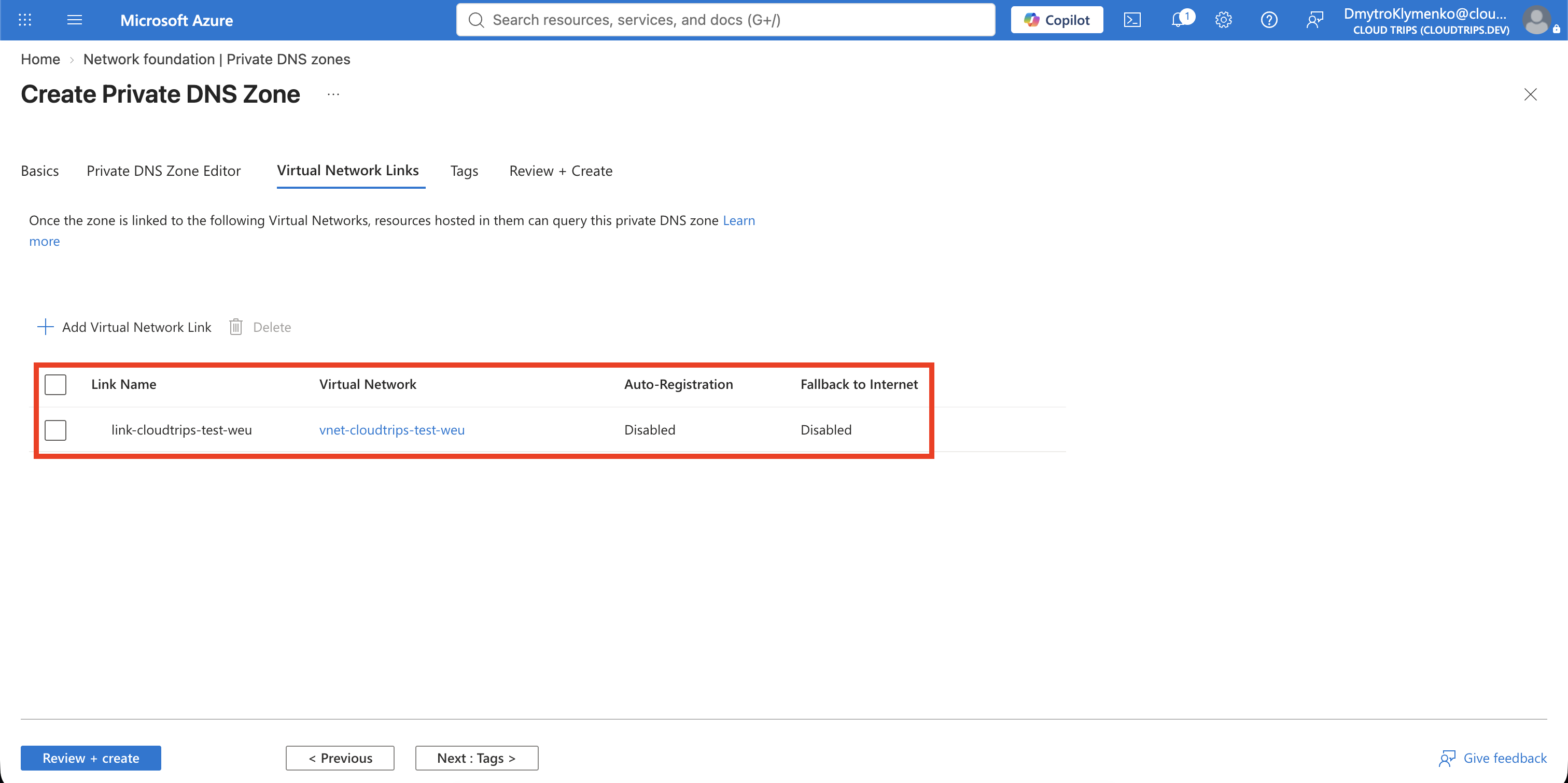 Private-DNS-VNet-Link zwischen internal.cloudtrips.dev und vnet-cloudtrips-test-weu mit deaktivierter automatischer Registrierung