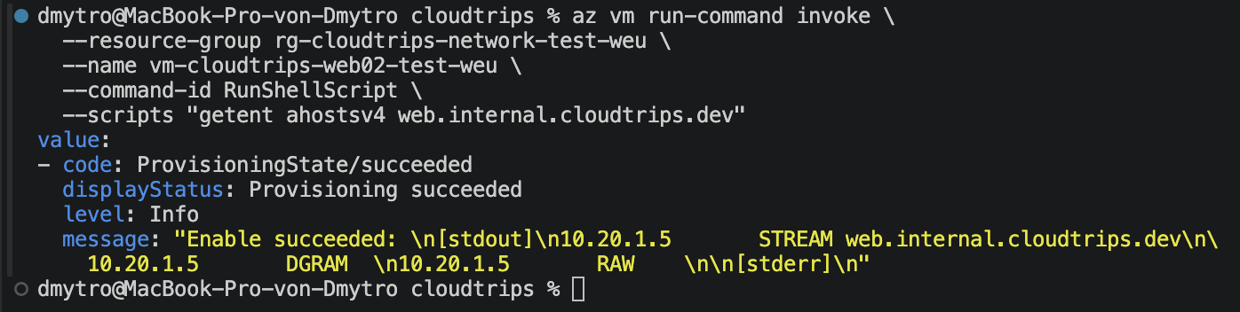 WEB02-Run-Command-Ausgabe mit der Auflösung von web.internal.cloudtrips.dev zur privaten IP von WEB01