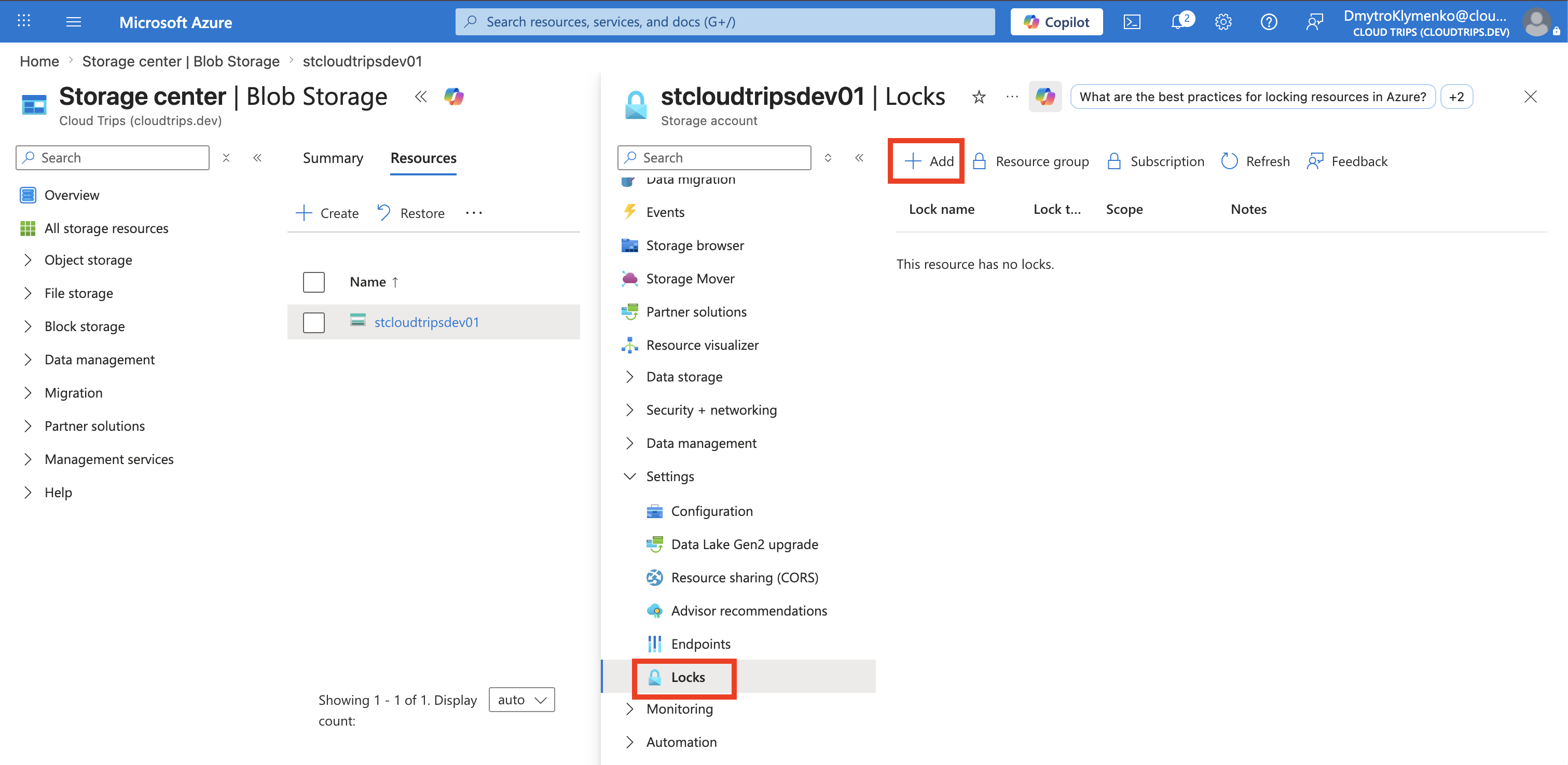 Storage account Locks page with the Add action visible