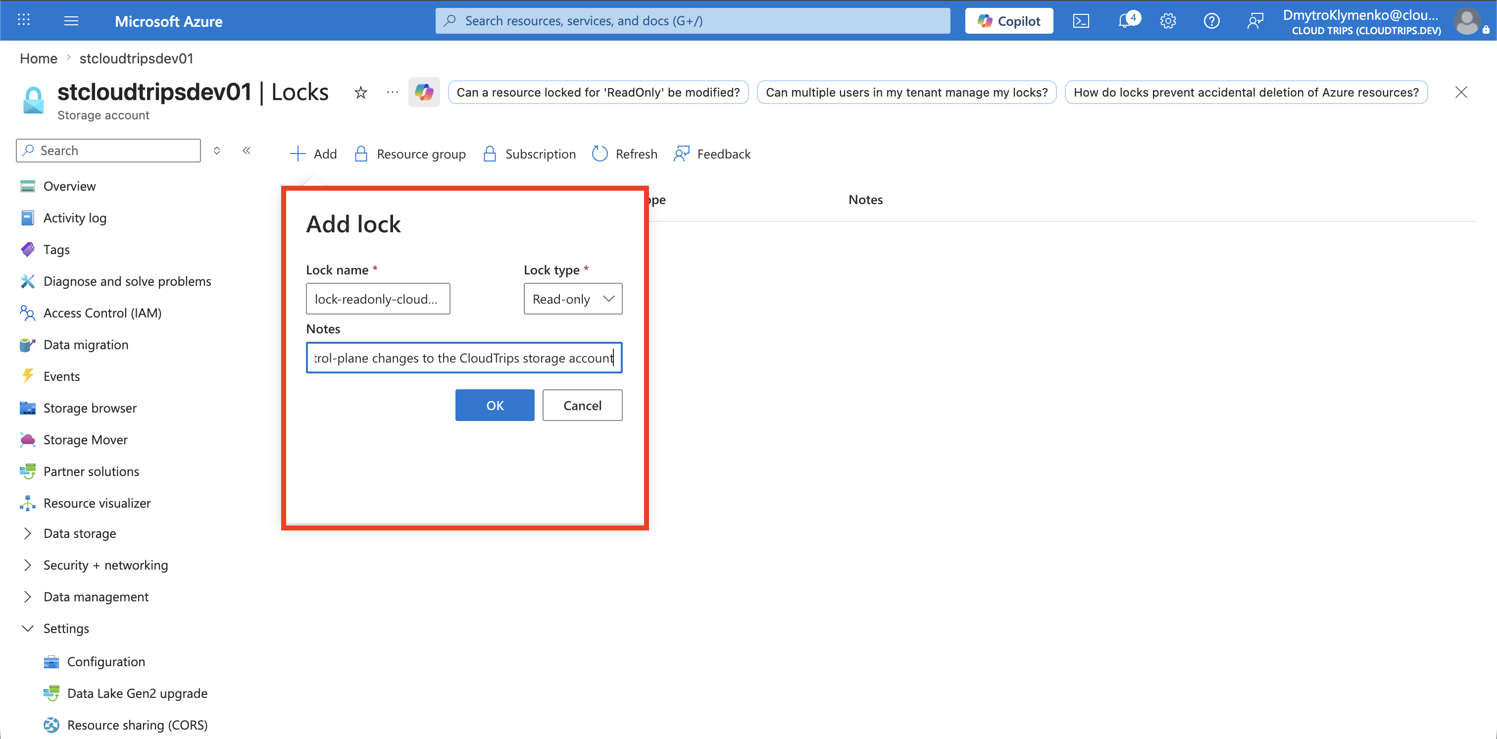 Add lock form configured with a CloudTrips read-only lock