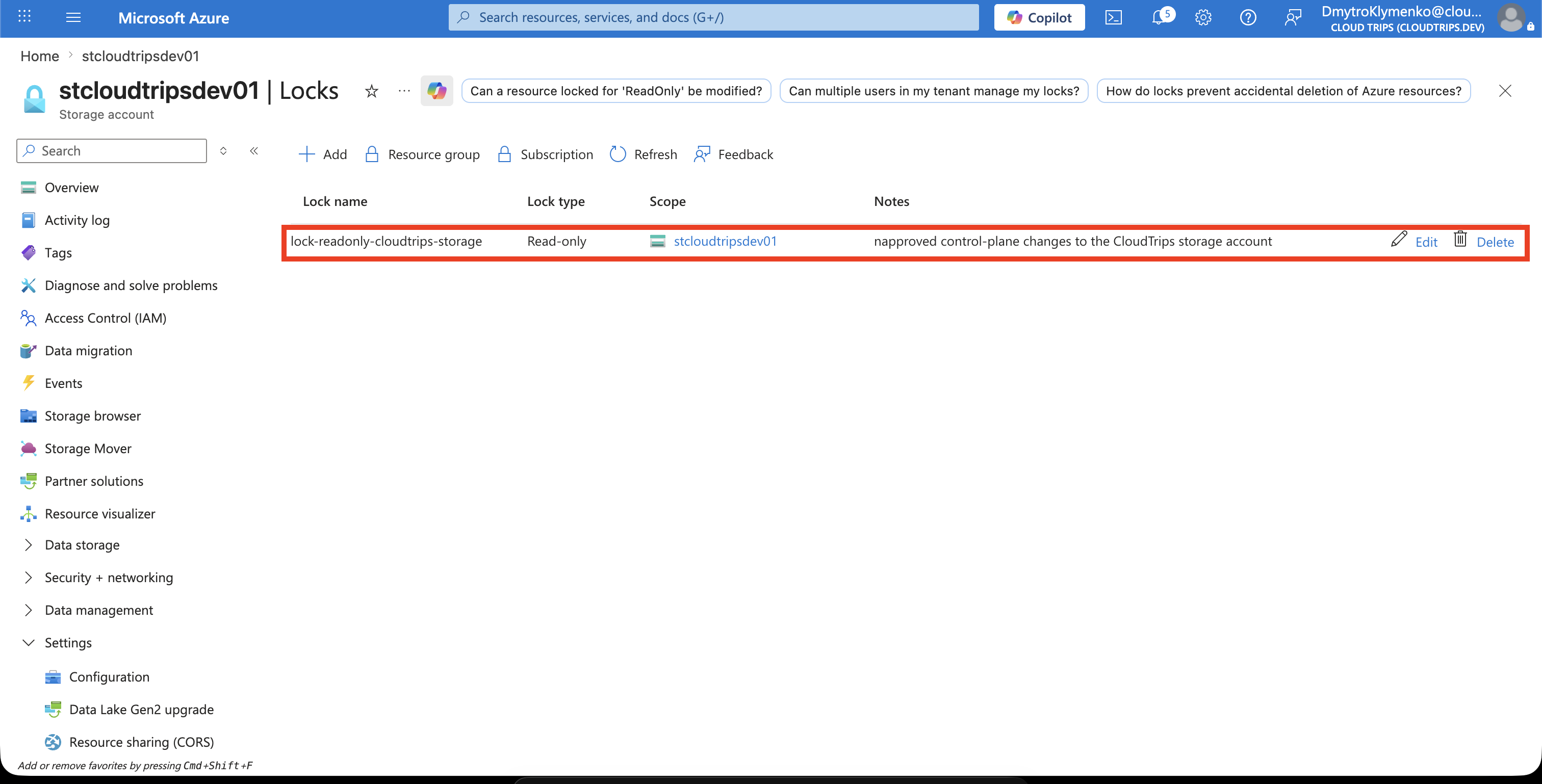 Storage account Locks page showing the active read-only lock