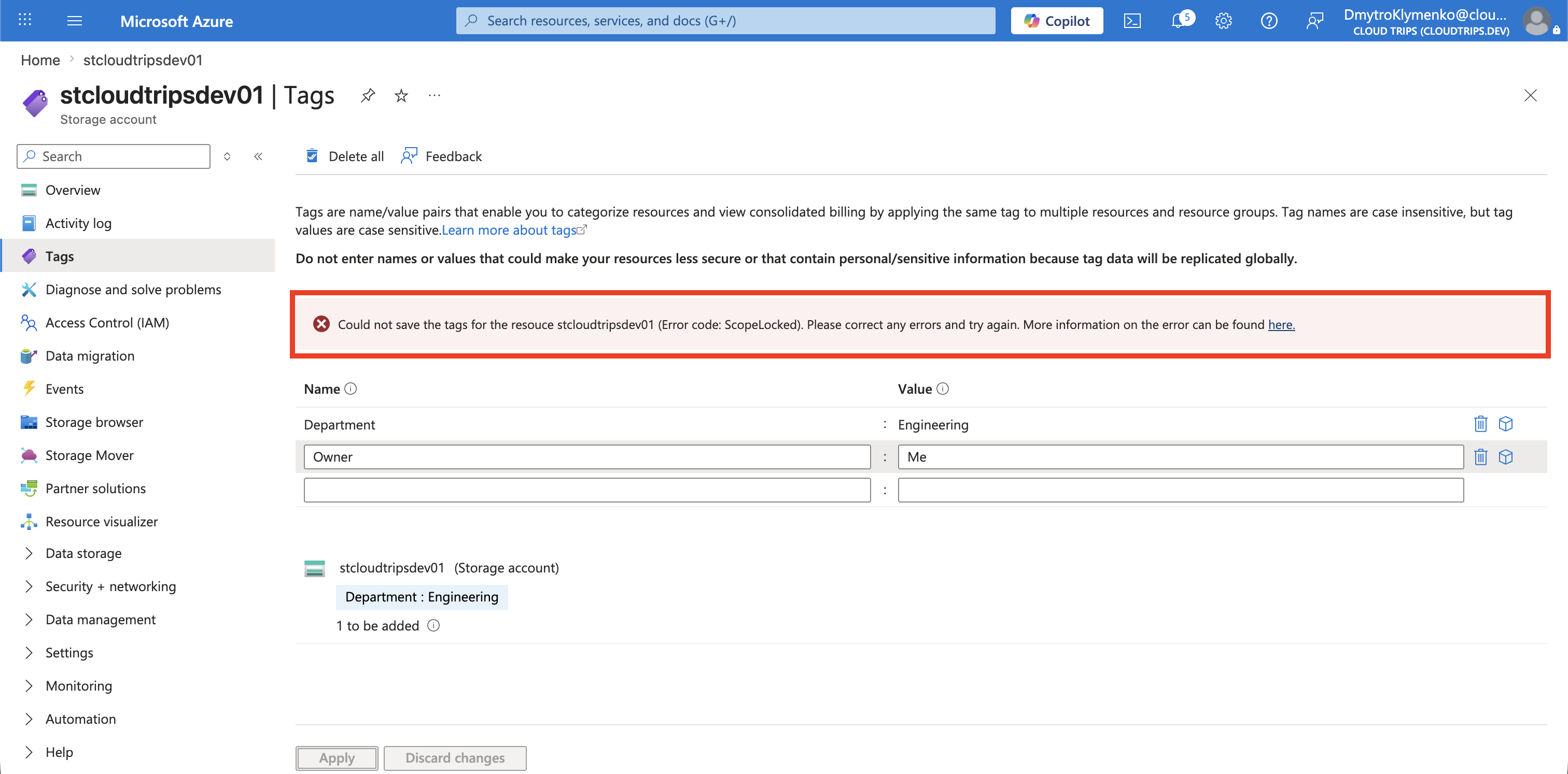 Azure error showing that the storage account update is blocked by the read-only lock