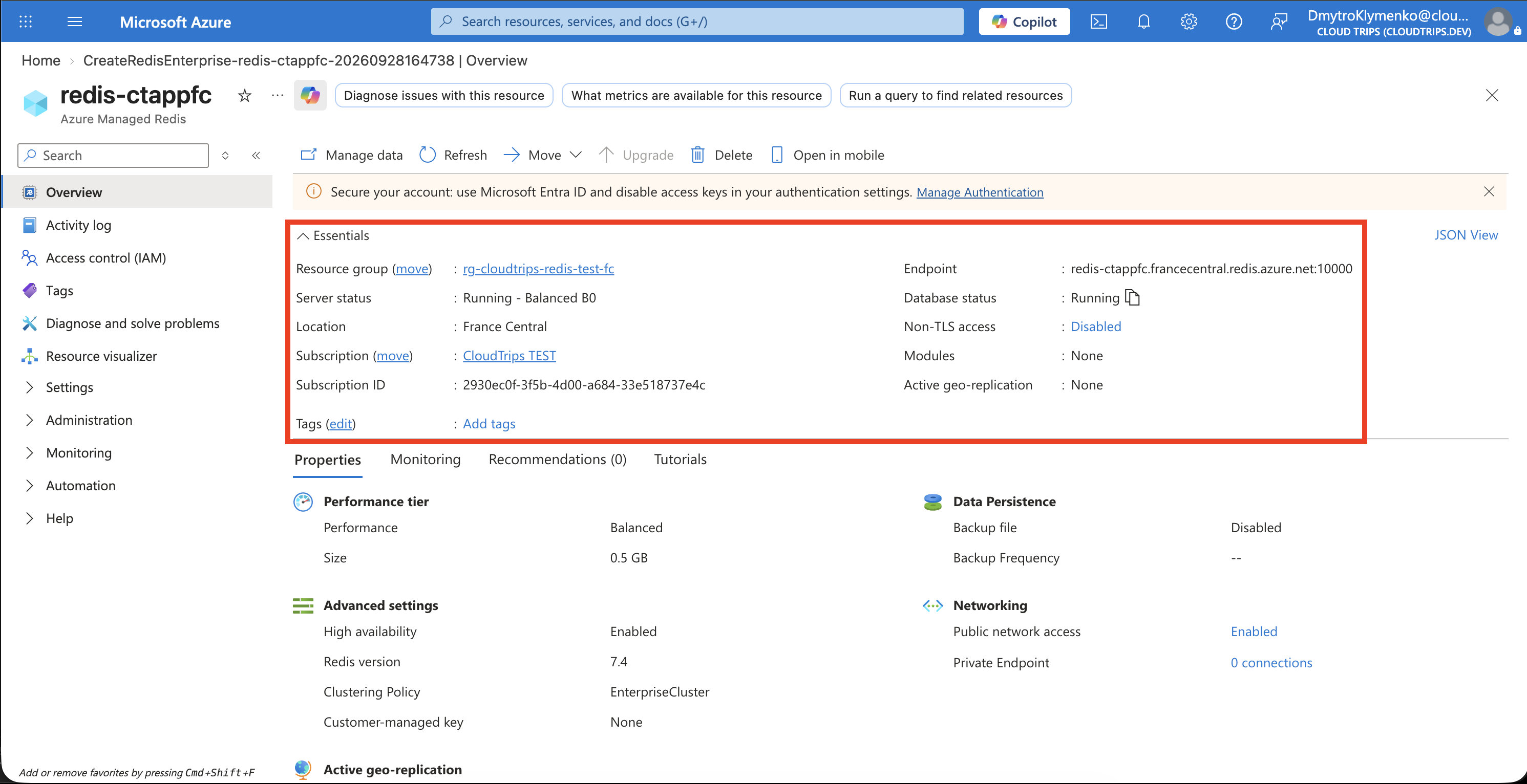 Azure Managed Redis overview showing redis-ctappfc running in France Central with its endpoint and port