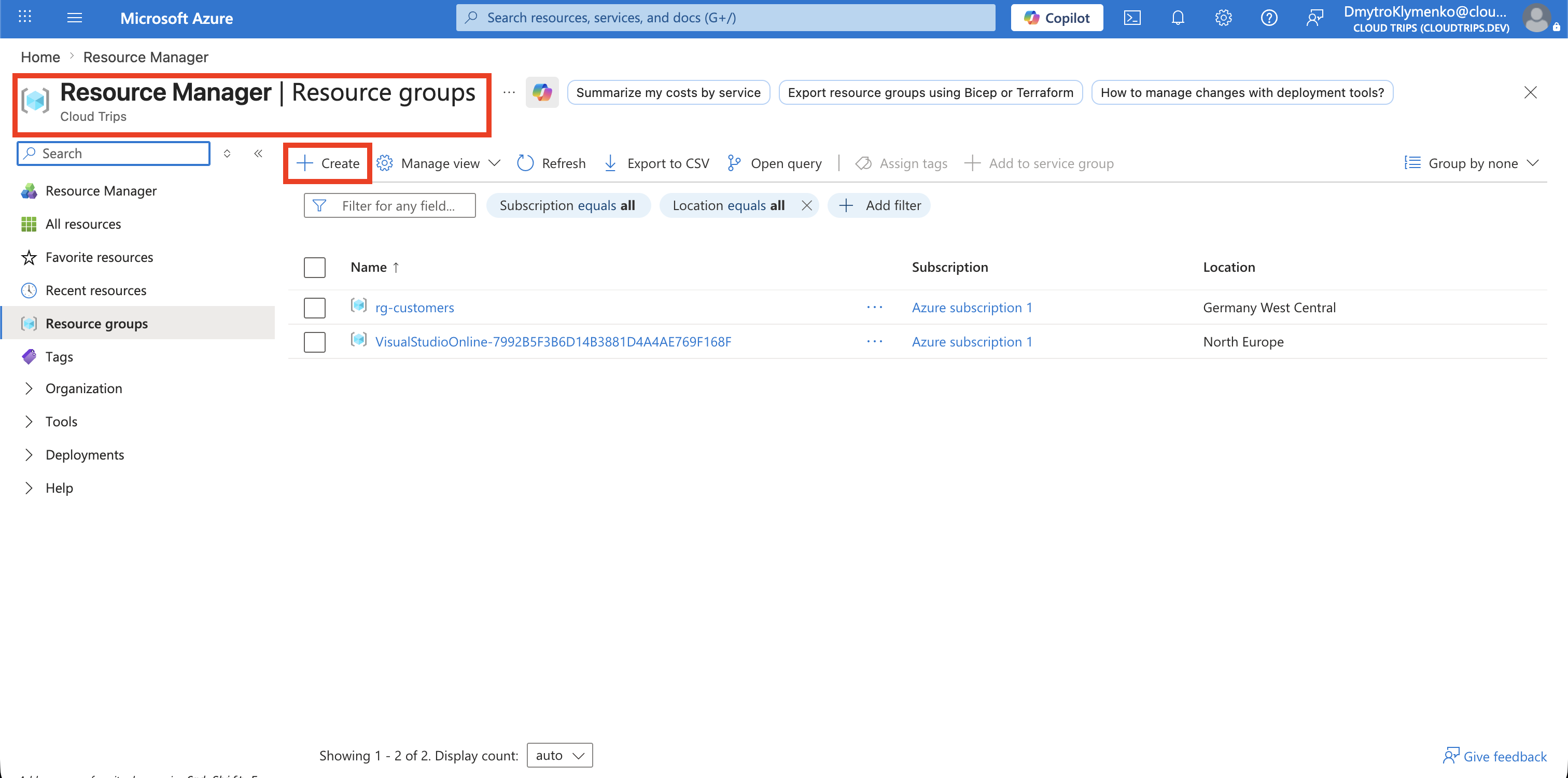 Azure-Seite Resource groups mit sichtbarer Create-Aktion