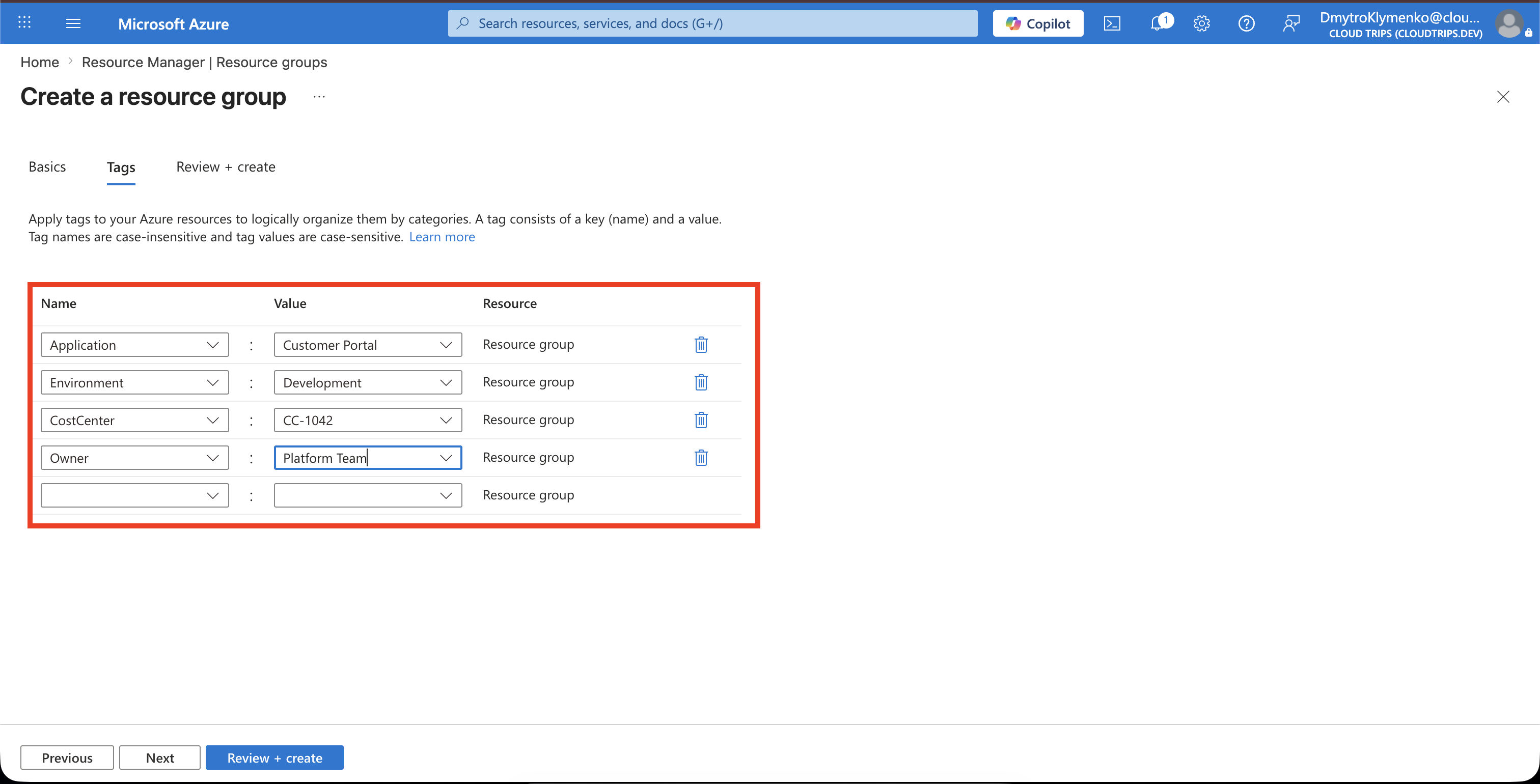 Übersicht der erstellten Azure-Ressourcengruppe mit den Projekt-Tags