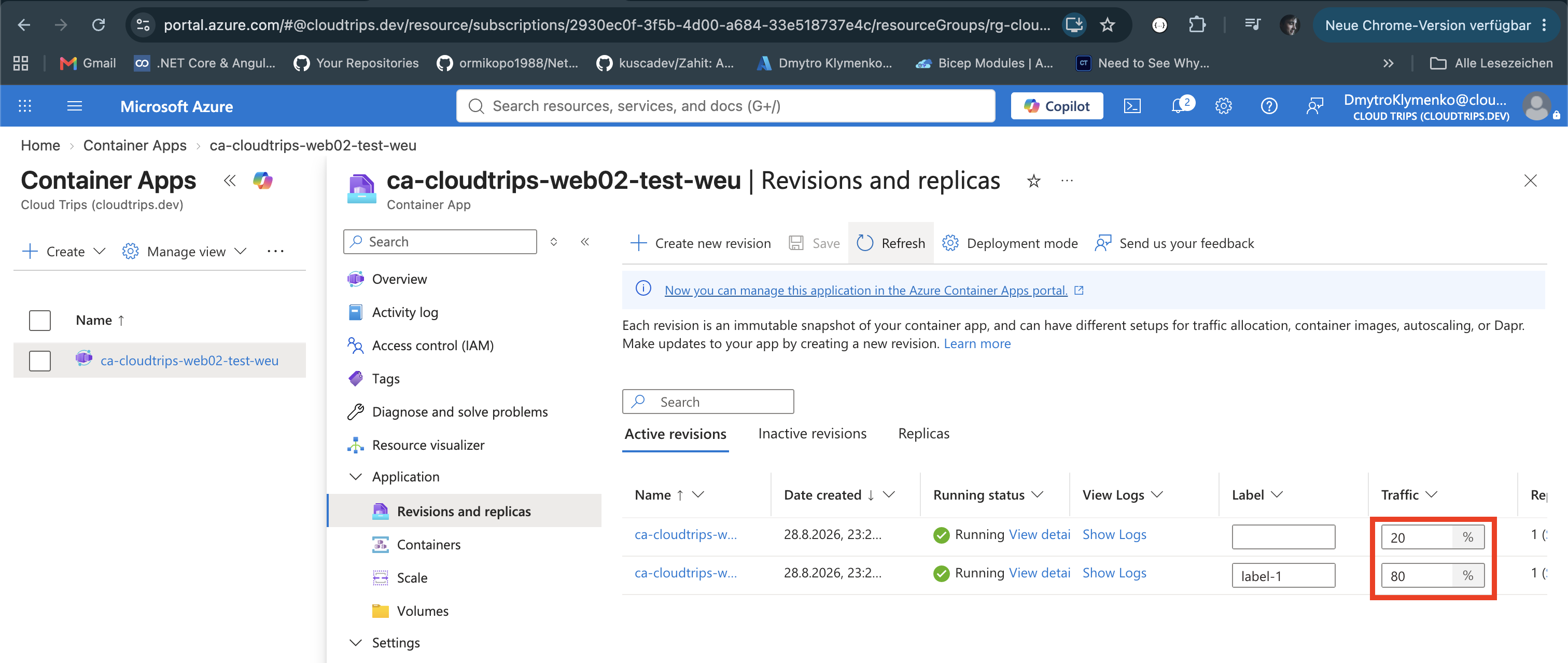 Revisions and replicas mit gesunden Blue- und Green-Revisionen und 80/20-Traffic-Split