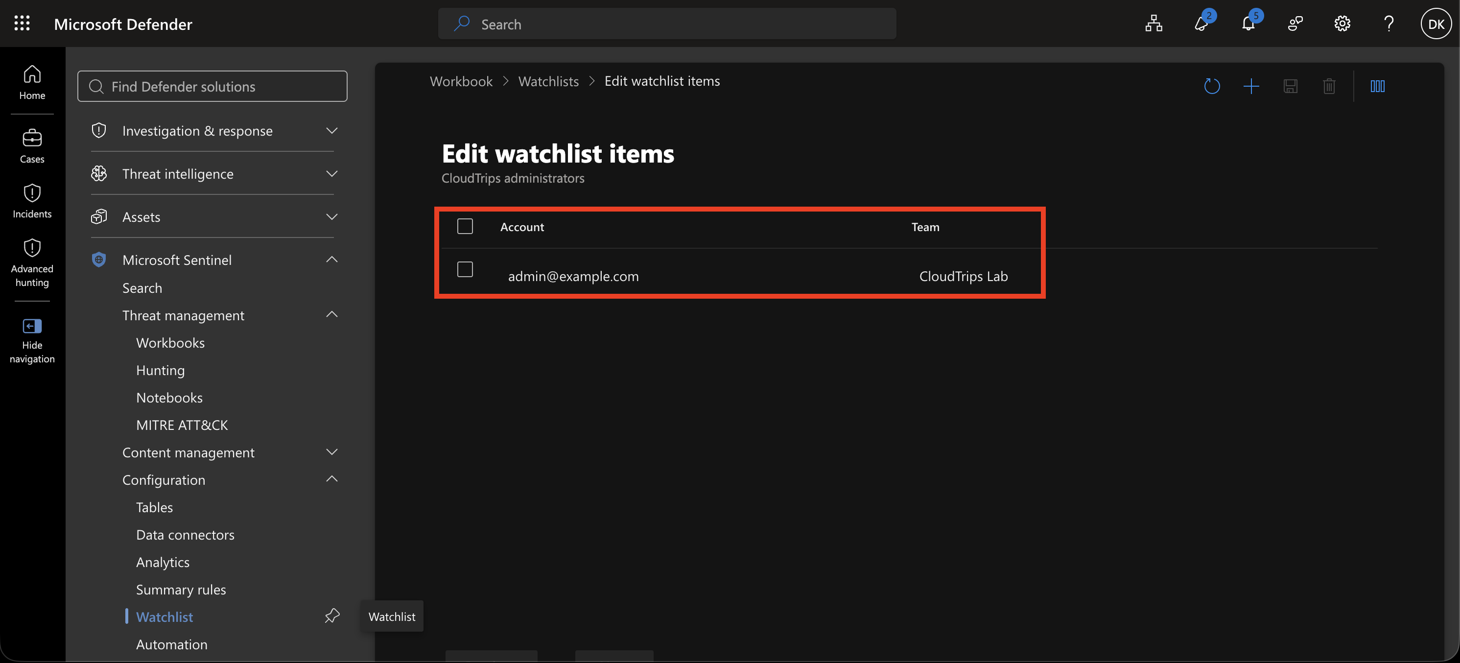 CloudTrips administrator watchlist showing the imported Account and Team columns