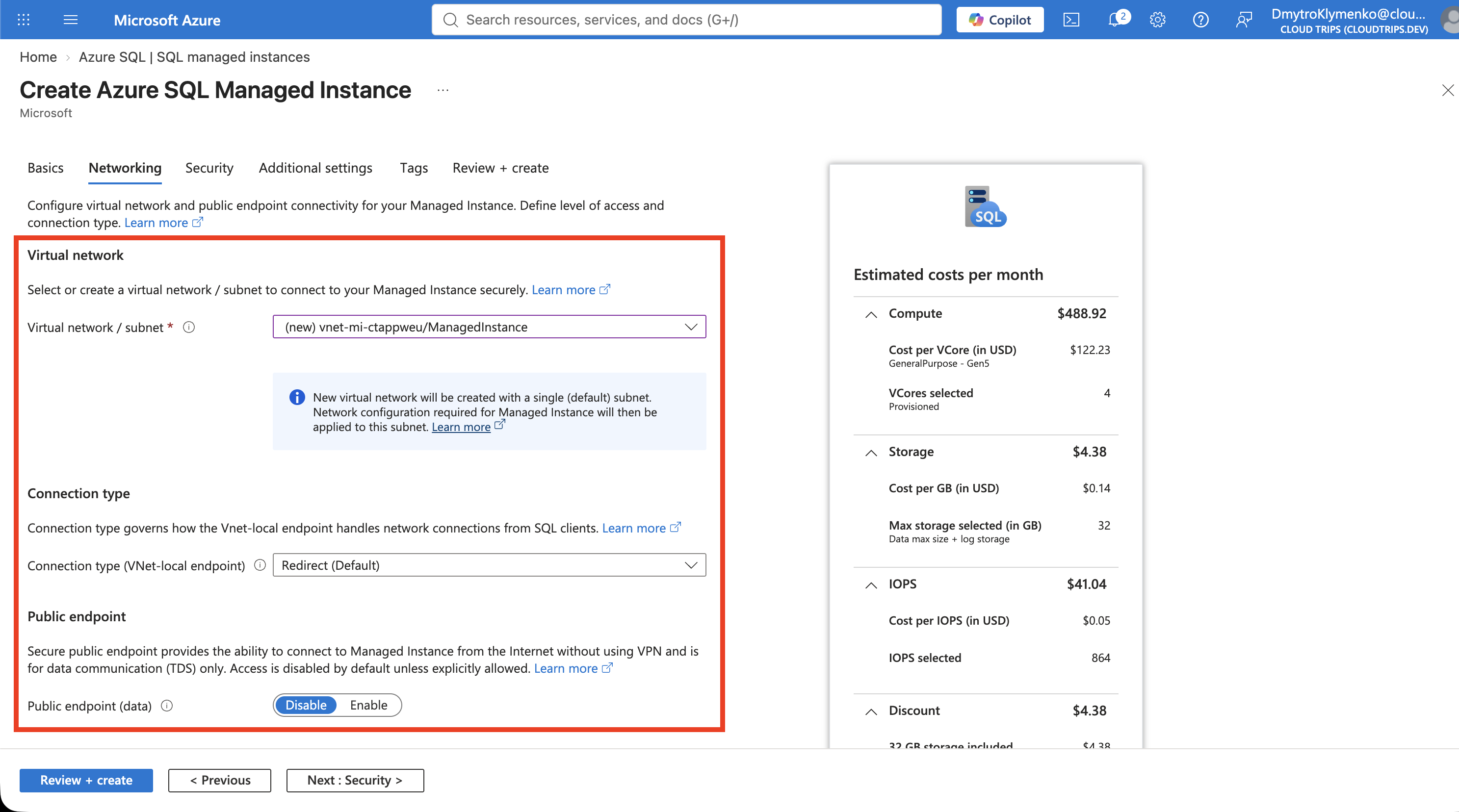 Networking settings showing the new vnet-mi-ctappweu/ManagedInstance network and subnet, Redirect connection type, and disabled public endpoint