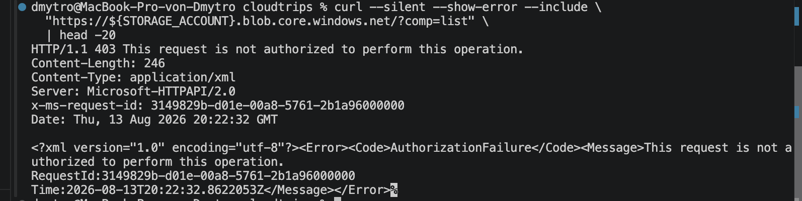 Cloud Shell zeigt, dass der öffentliche Zugriff auf den Storage-Blob-Endpunkt blockiert ist