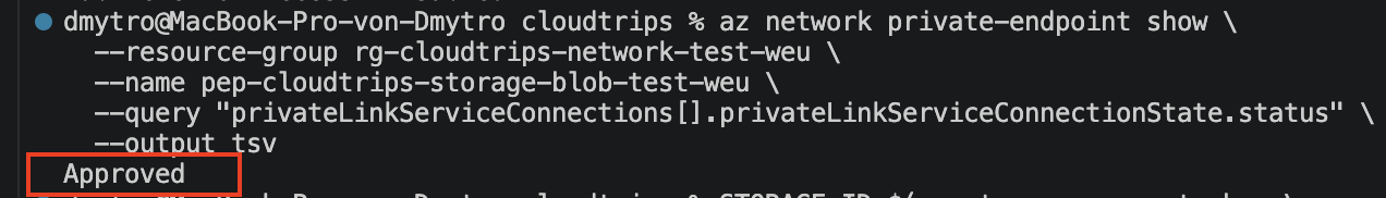 Cloud Shell zeigt deaktivierten Public Network Access und die genehmigte Private-Endpoint-Verbindung