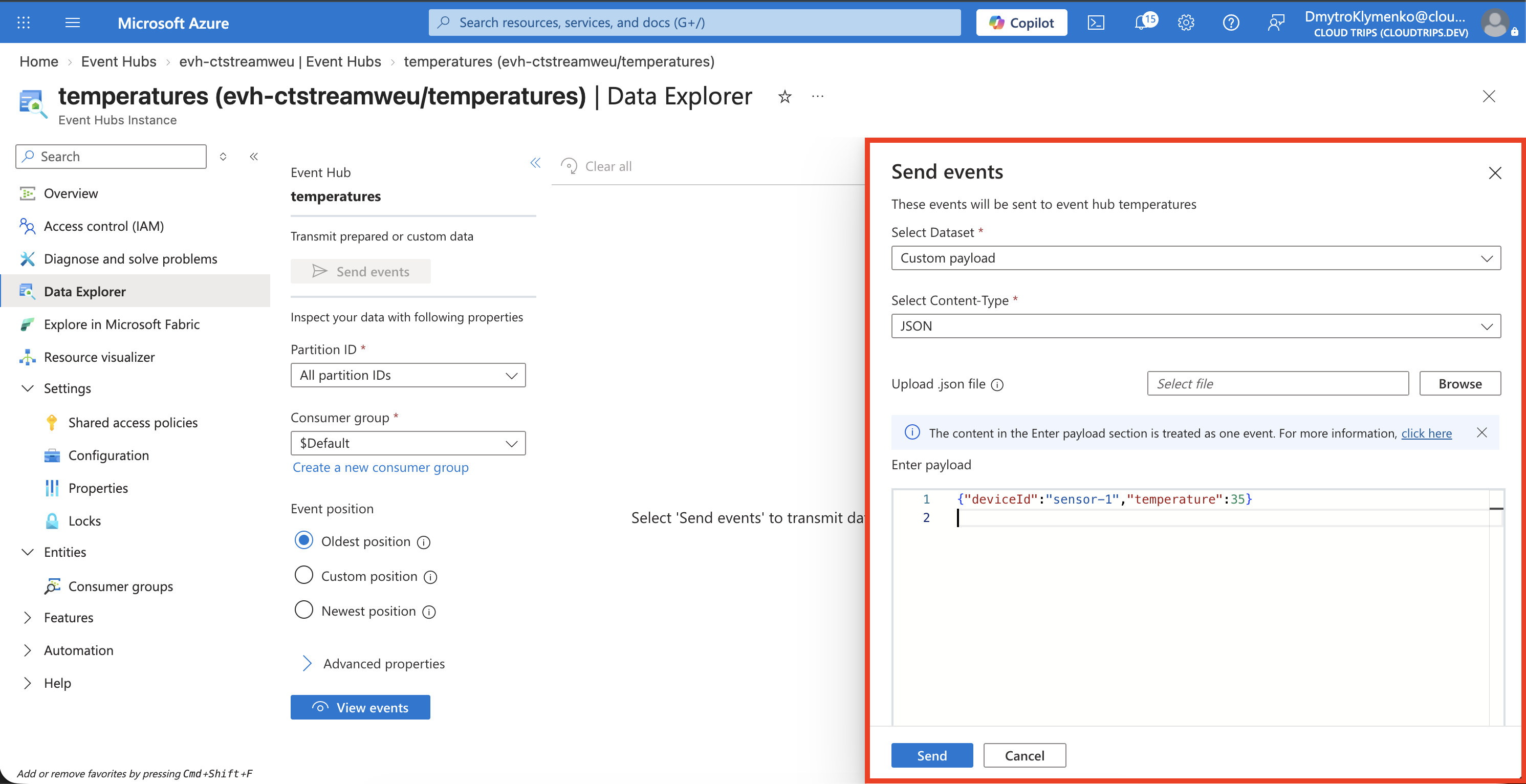 Event Hubs Data Explorer showing the 35-degree JSON payload and a successful send