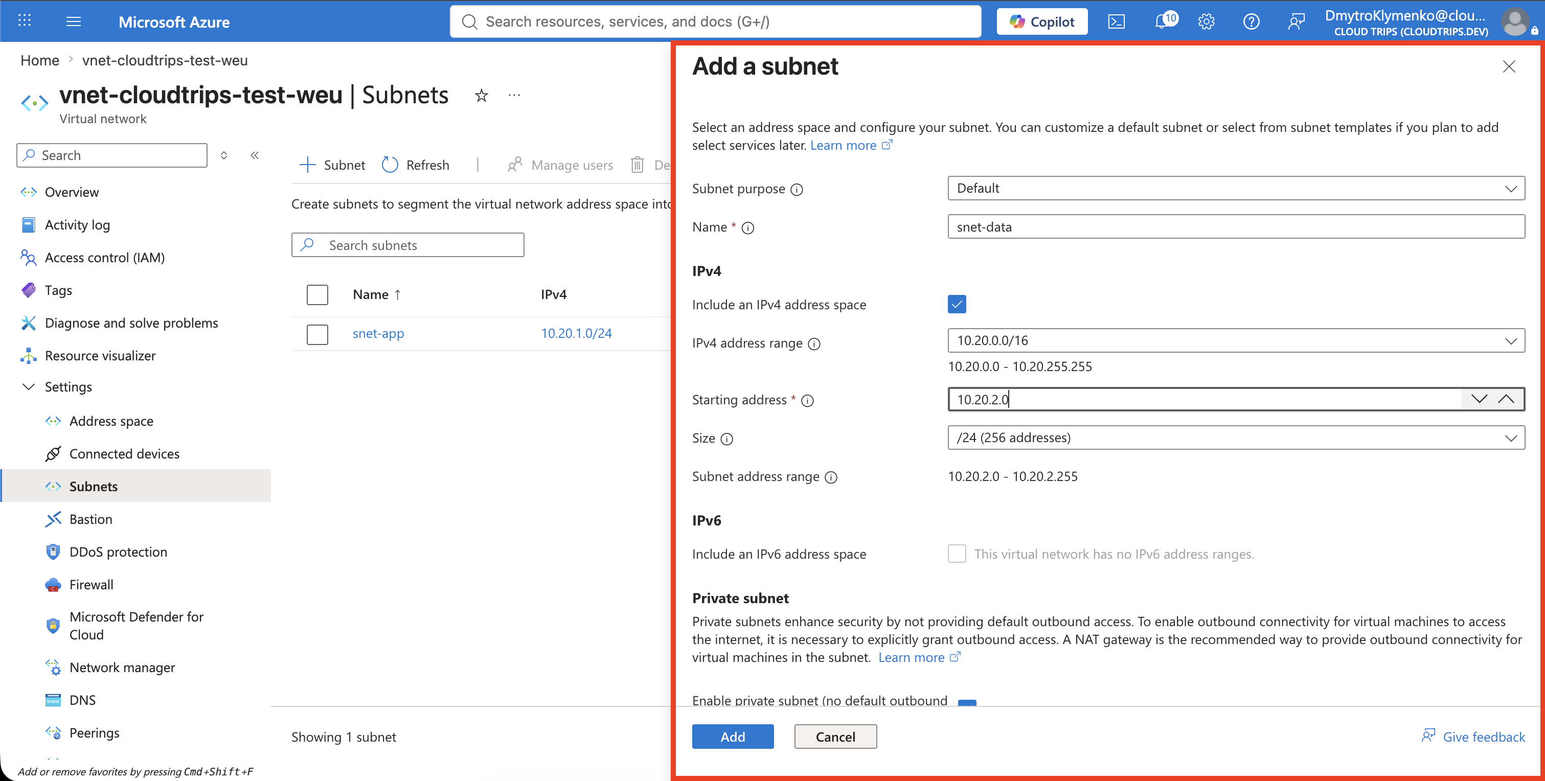 Seite Subnets des CloudTrips-TEST-VNets mit der Option zum Hinzufügen eines Subnetzes