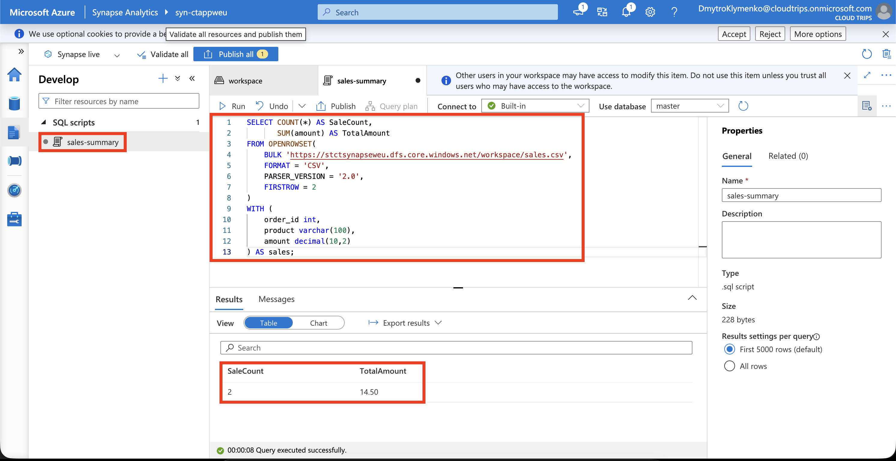 Synapse SQL results showing SaleCount 2 and TotalAmount 14.50