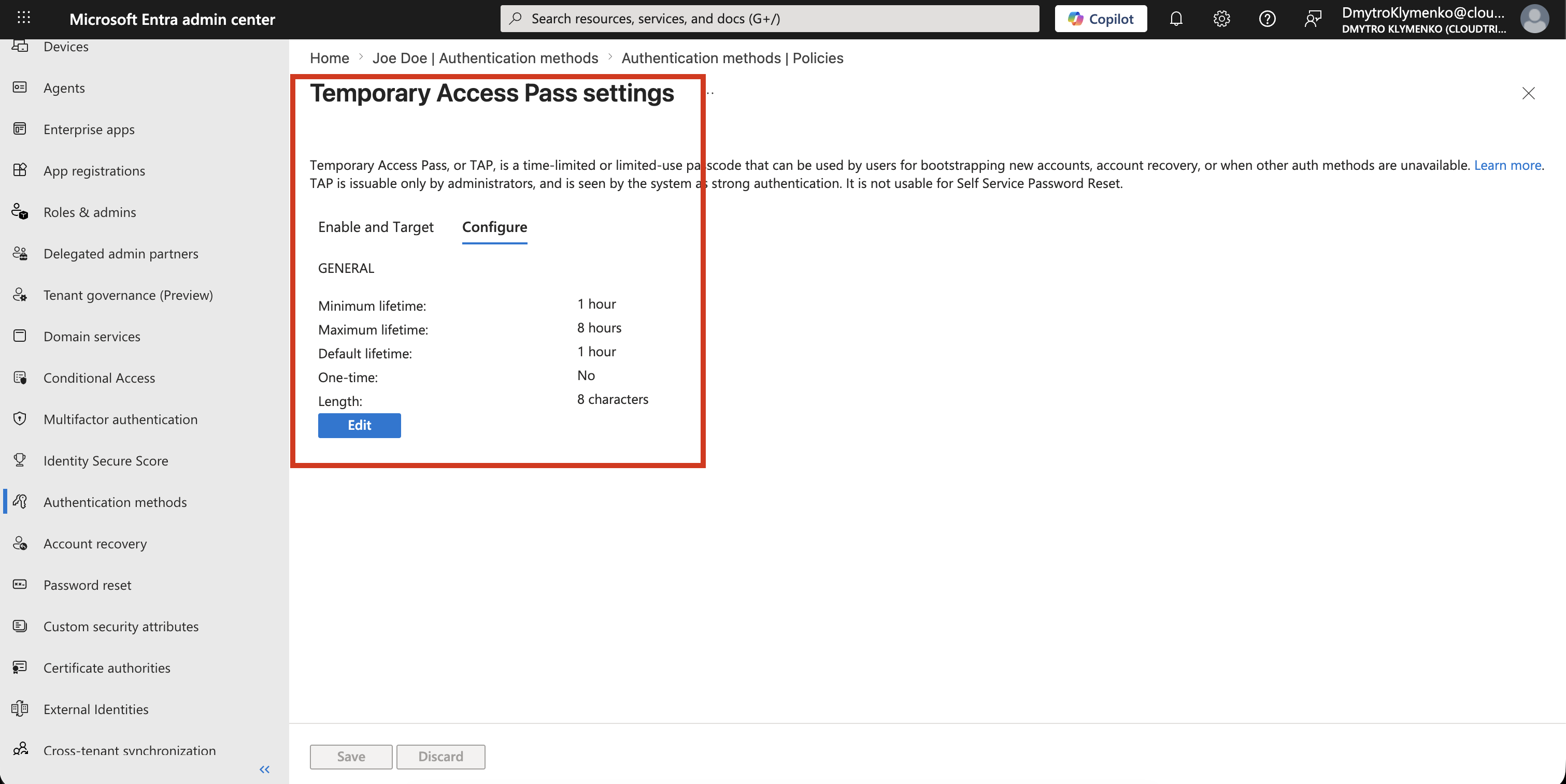 Microsoft Entra Temporary Access Pass-Einstellungen mit Lebensdauer- und Nutzungskonfiguration