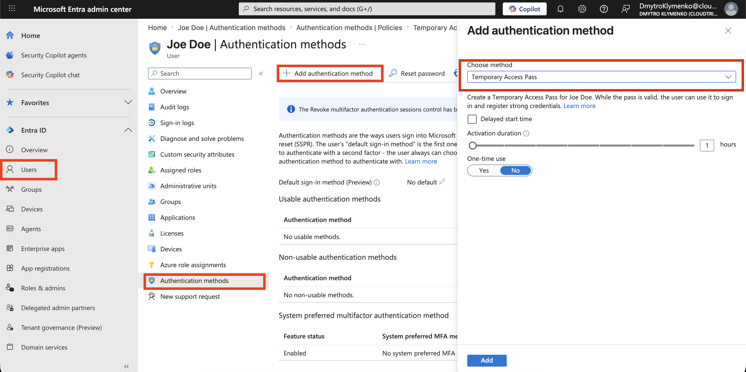 Microsoft Entra Benutzerseite Authentication methods mit Option zum Hinzufügen einer neuen Authentifizierungsmethode