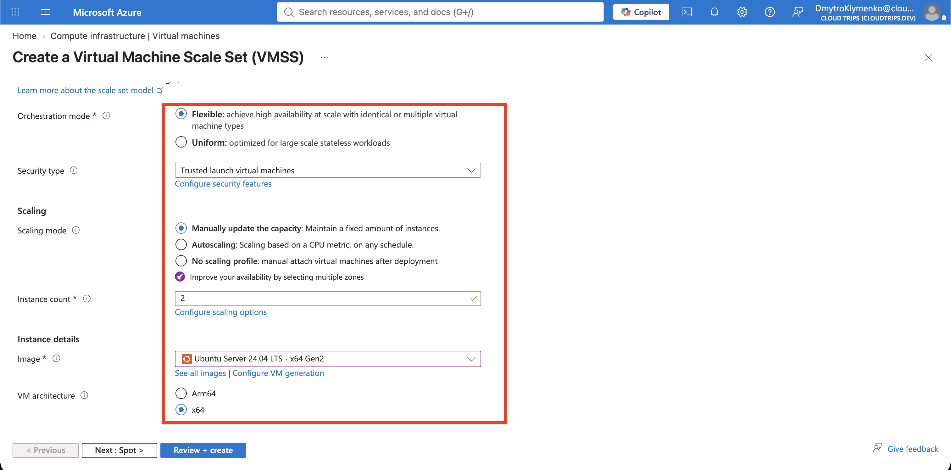 VM Scale Set Basics tab configured for two Flexible Ubuntu instances