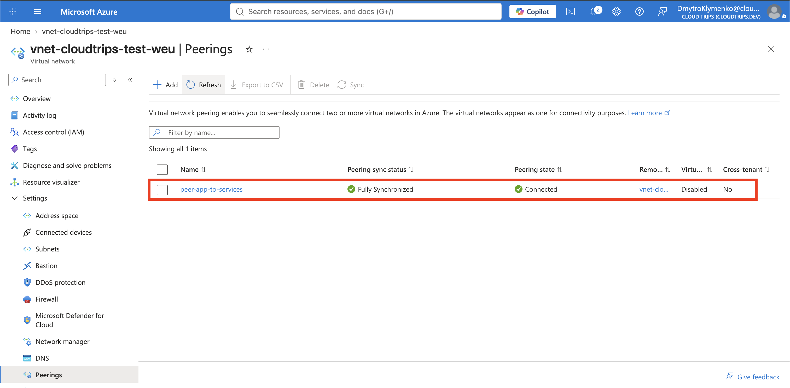 CloudTrips-Seite VNet Peerings mit dem verbundenen Peering vom Anwendungs- zum Dienste-VNet