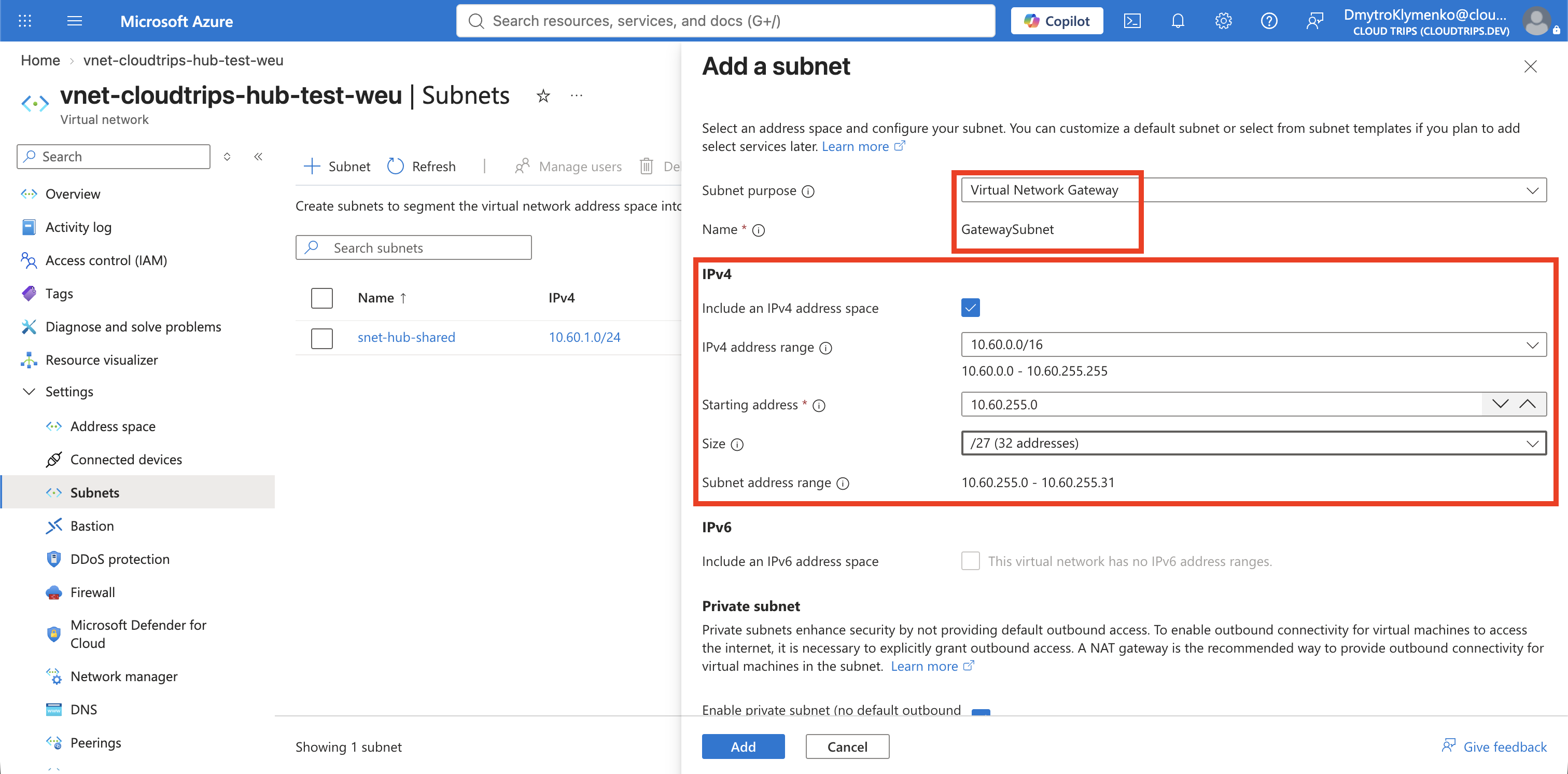 Seite Subnets des CloudTrips-Hub-VNets mit GatewaySubnet und dem Bereich 10.60.255.0/27