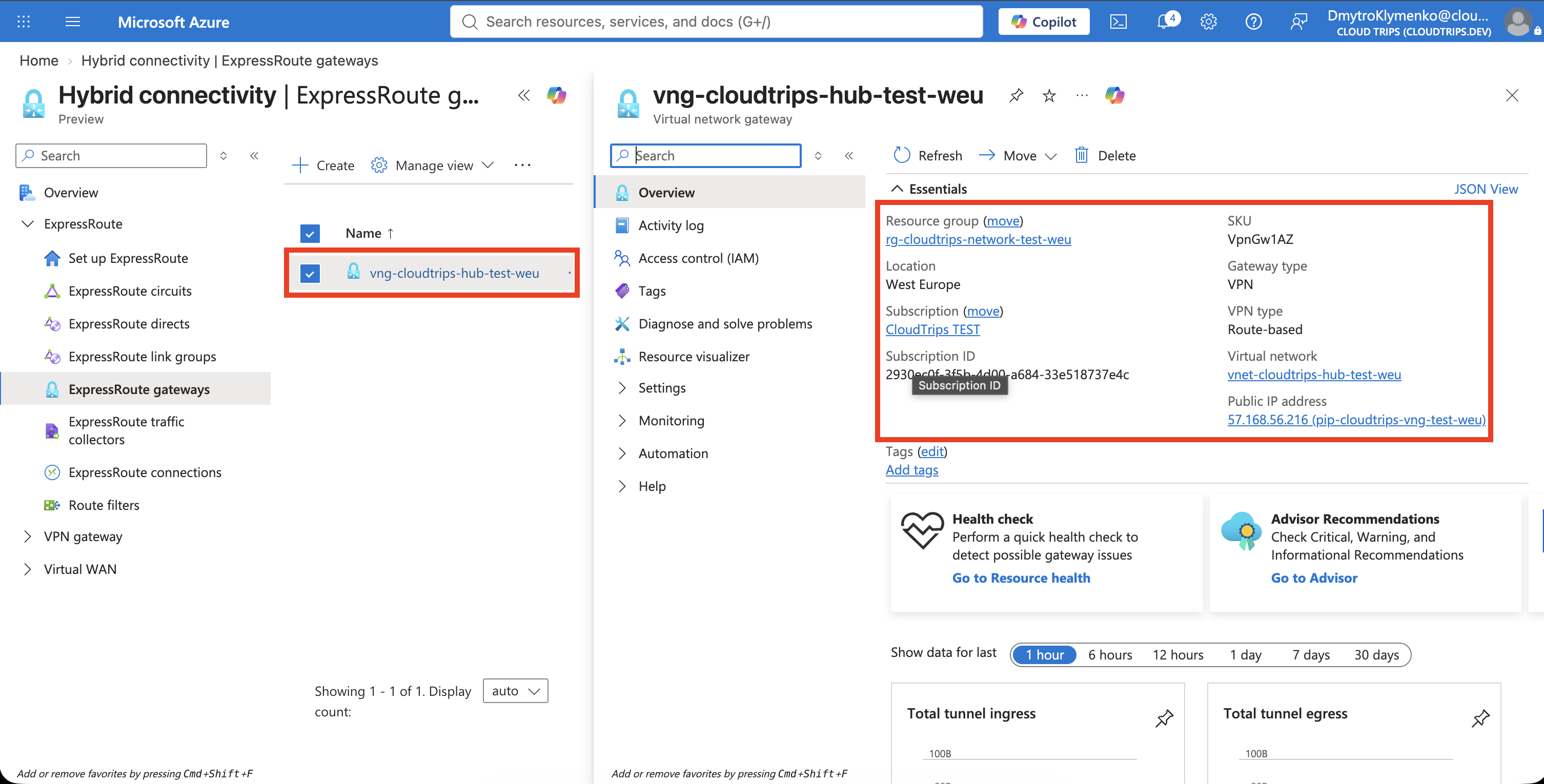 Übersichtsseite des CloudTrips-VPN-Gateways mit erfolgreicher Bereitstellung und seiner öffentlichen IP-Adresse