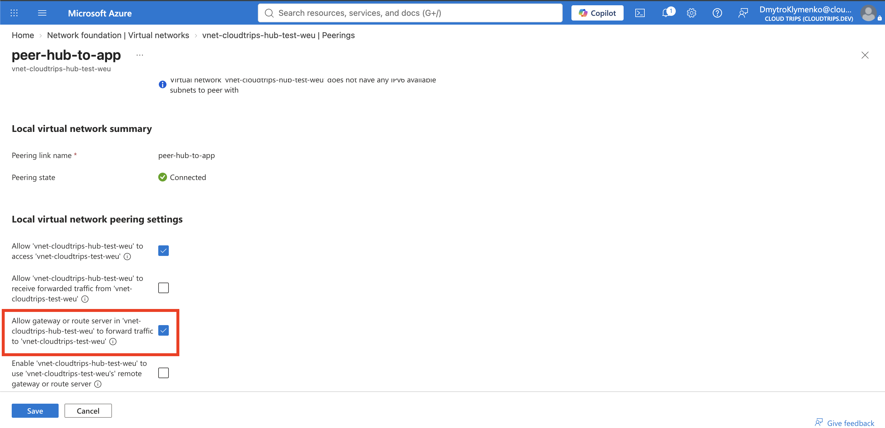 CloudTrips-Peering vom Spoke zum Hub mit aktivierter Verwendung des Remotegateways im Hub