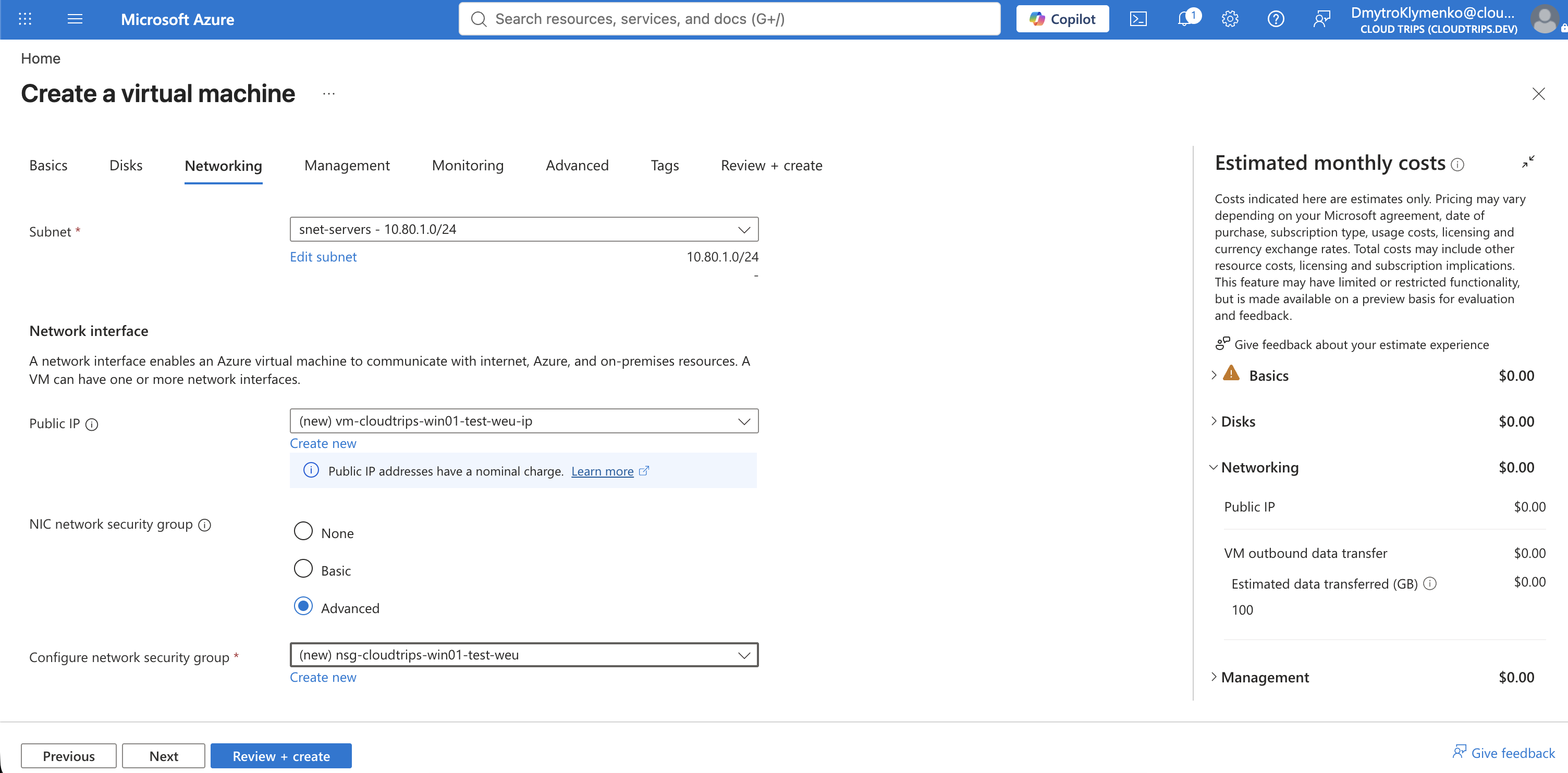 VM Networking tab and new NSG rule showing the CloudTrips network and RDP restricted to one public IP address