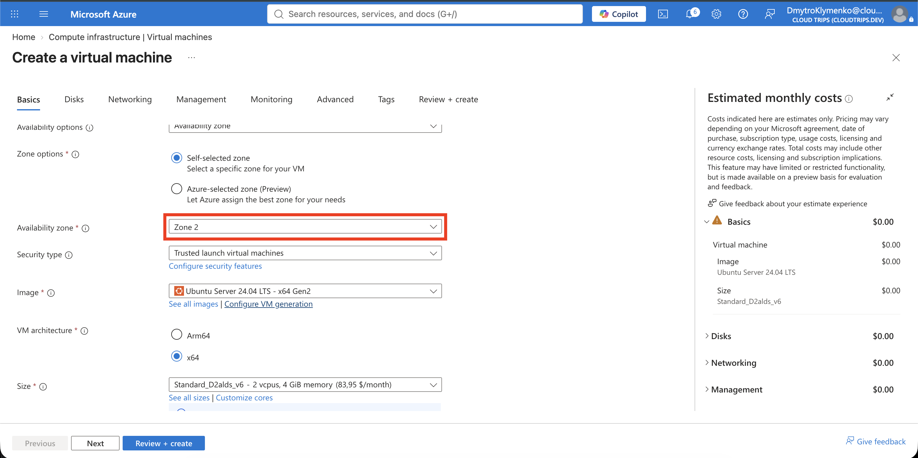 Second VM Basics tab showing self-selected availability Zone 2
