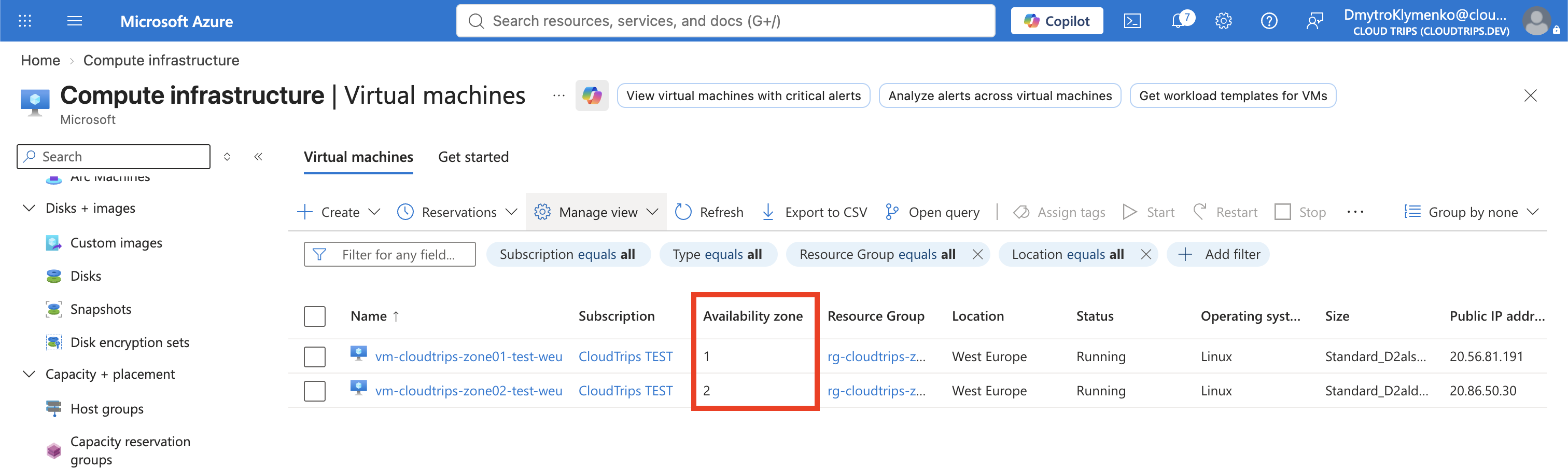Virtual machines list showing the two VMs in Zones 1 and 2