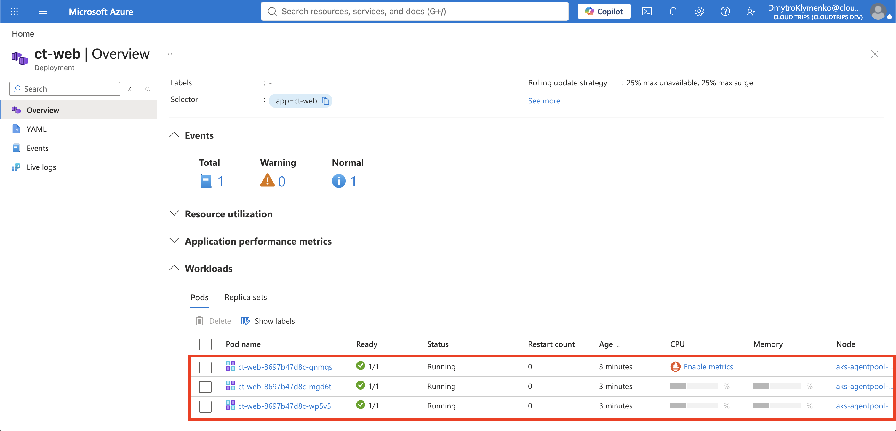 AKS Workloads showing three ct-web Pods in ct-apps, each Running and Ready.