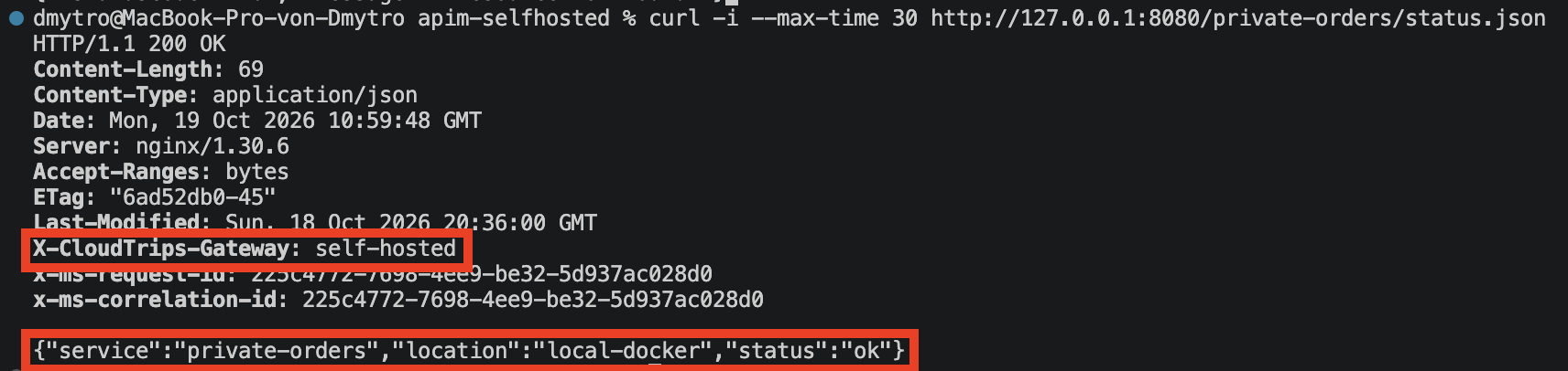 Local curl result with HTTP 200, the gateway response header, and the private backend JSON.