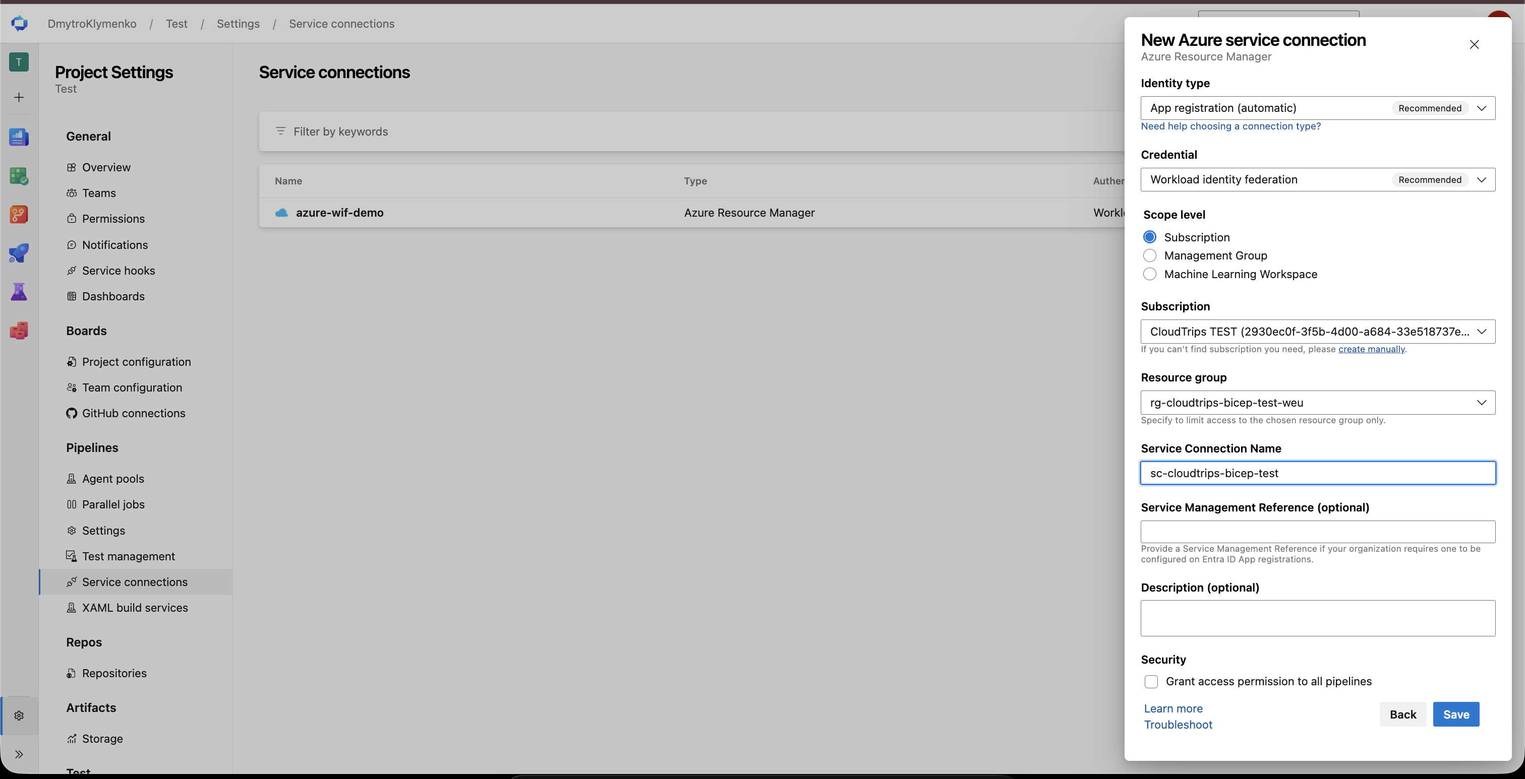 Azure-DevOps-Serviceverbindung mit Workload Identity und Gültigkeitsbereich der CloudTrips-TEST-Ressourcengruppe