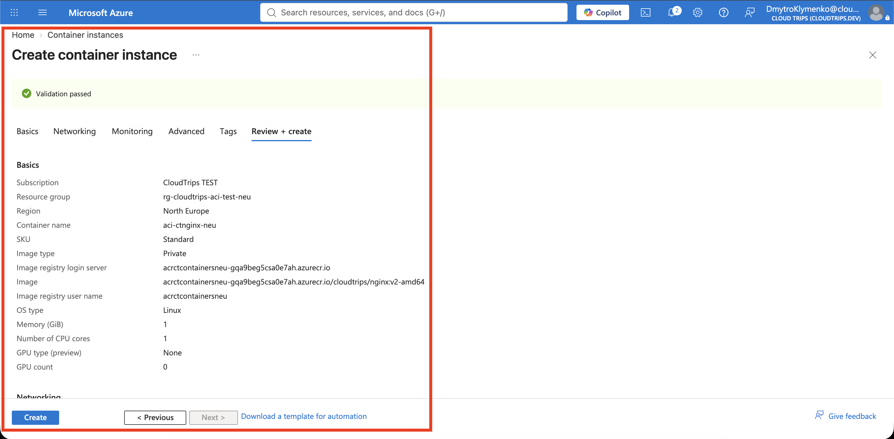 Erstellungsformular für Container Instances mit Registry-Image, Linux und Ressourcengröße, ohne Zugangsdaten.