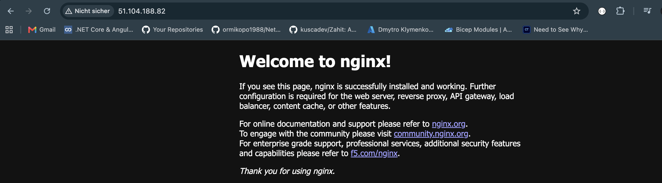 Browser mit der Nginx-Startseite unter der öffentlichen IP der Containerinstanz.