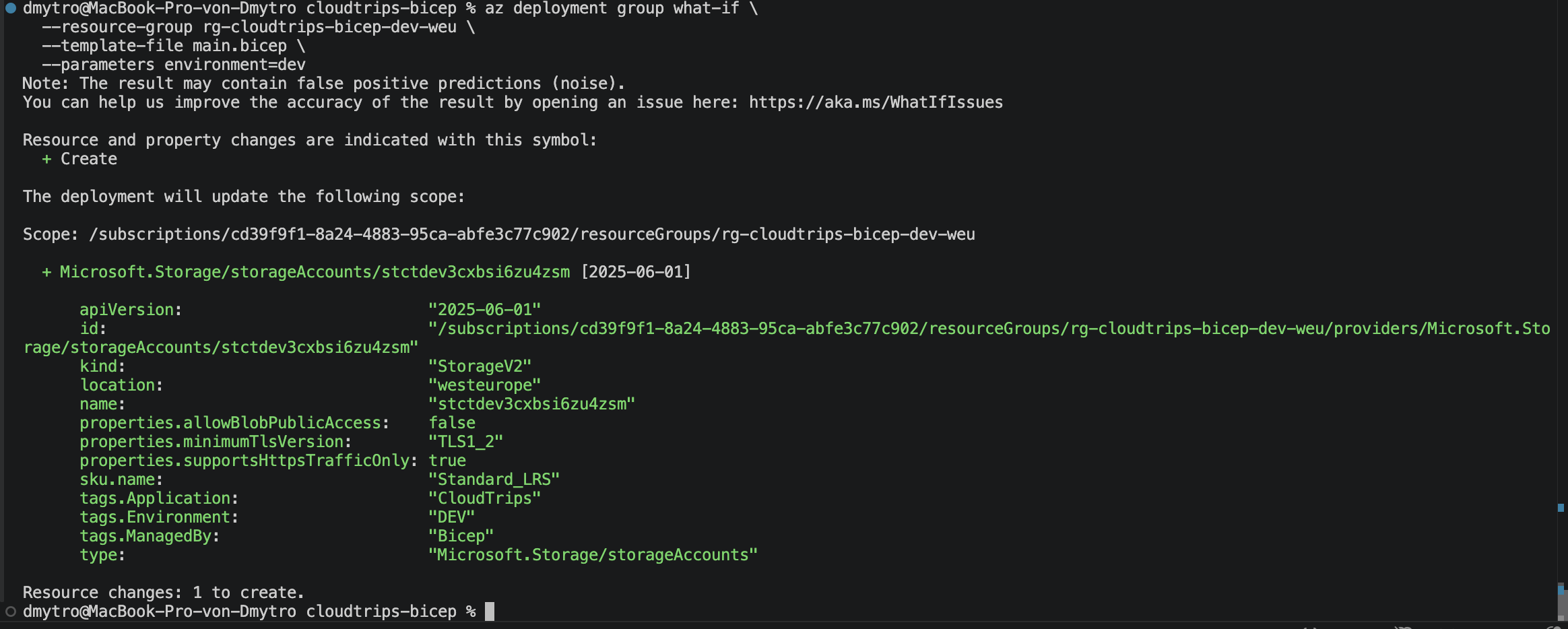 Bicep-What-if-Ausgabe, die das Erstellen des CloudTrips-DEV-Speicherkontos anzeigt