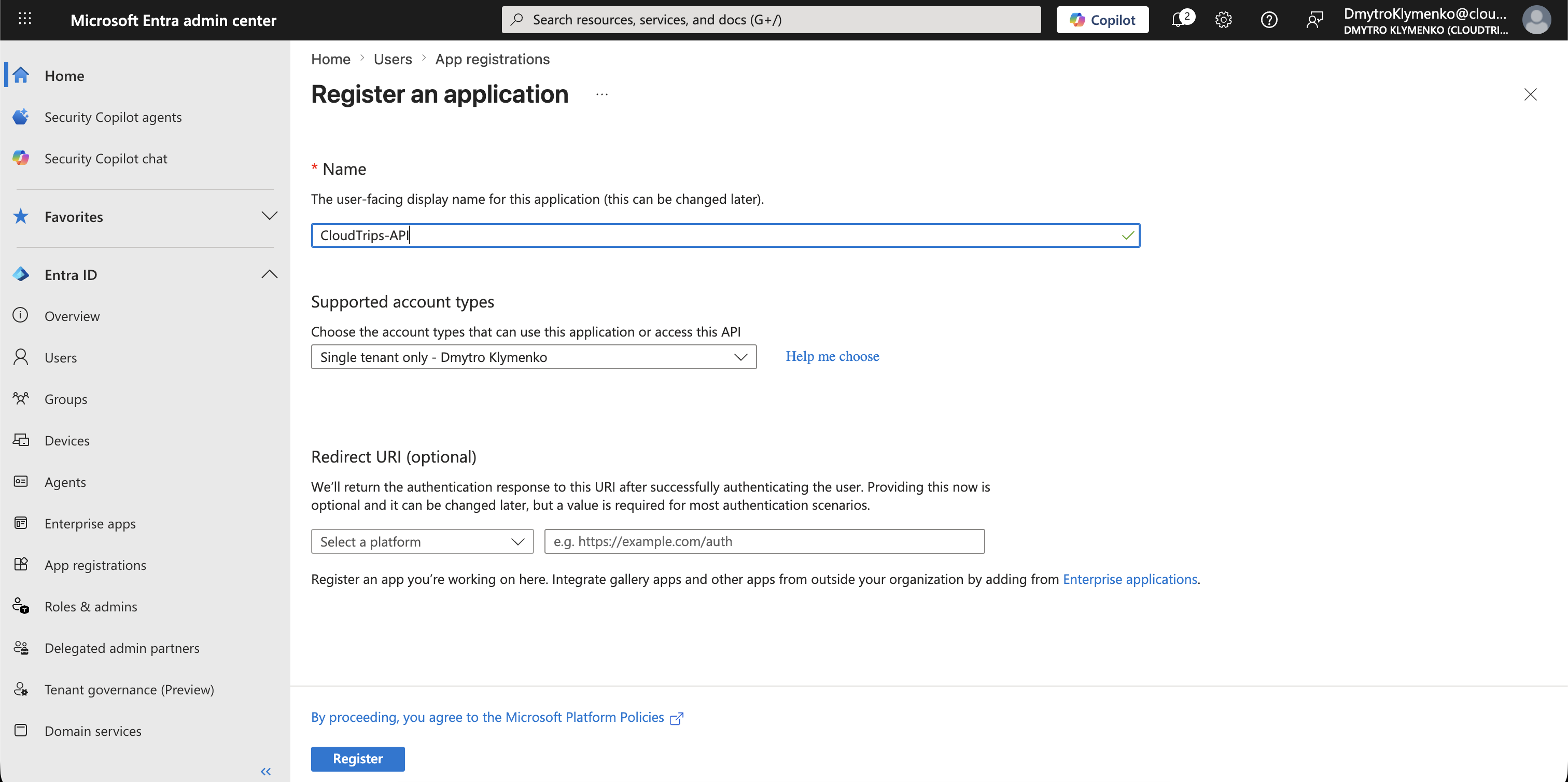 Microsoft Entra App-Registrierung mit CloudTrips API als Anwendungsname