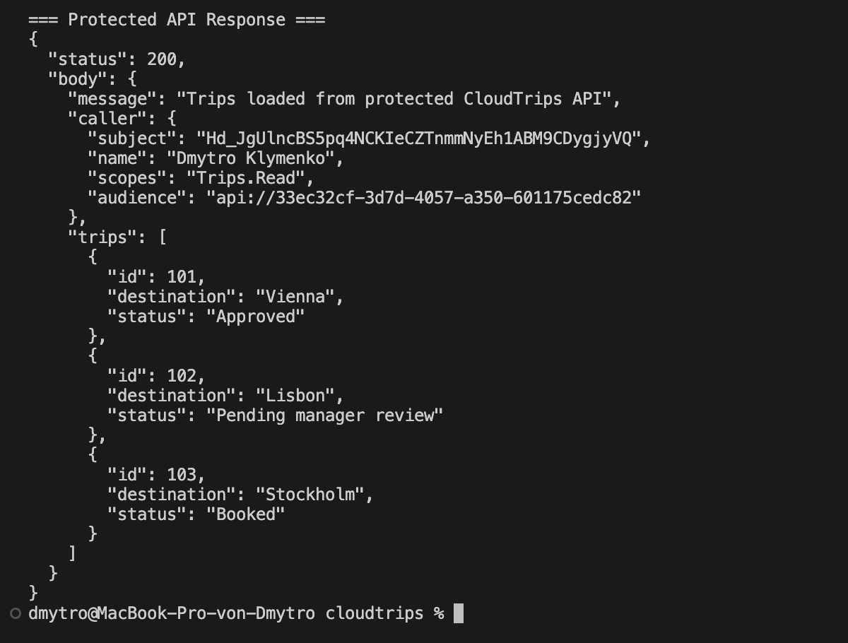 Terminalausgabe, in der die CloudTrips CLI die geschuetzte API aufruft und eine erfolgreiche Trips-Response erhaelt