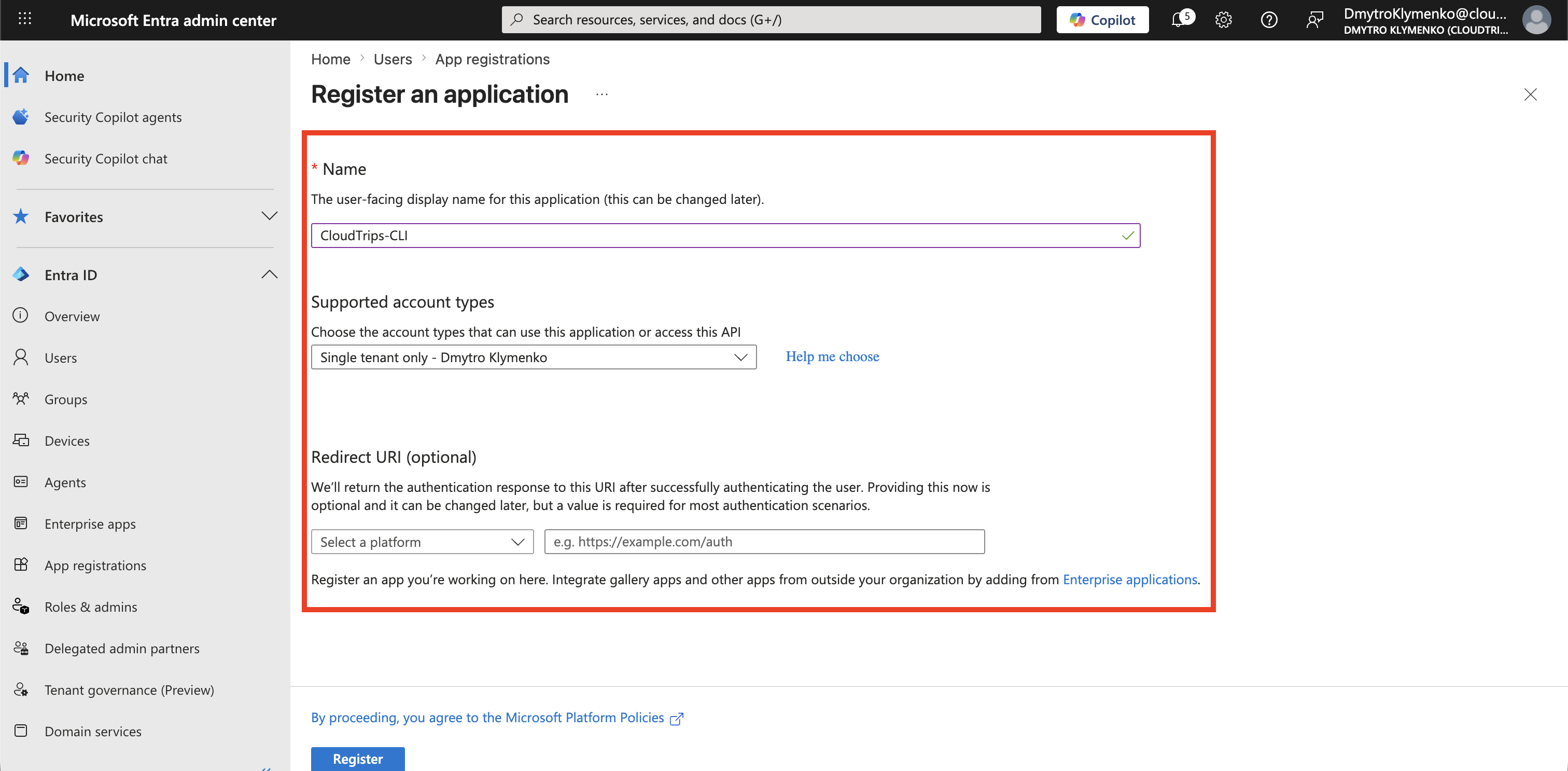 Microsoft Entra App-Registrierung mit CloudTrips CLI als Anwendungsname