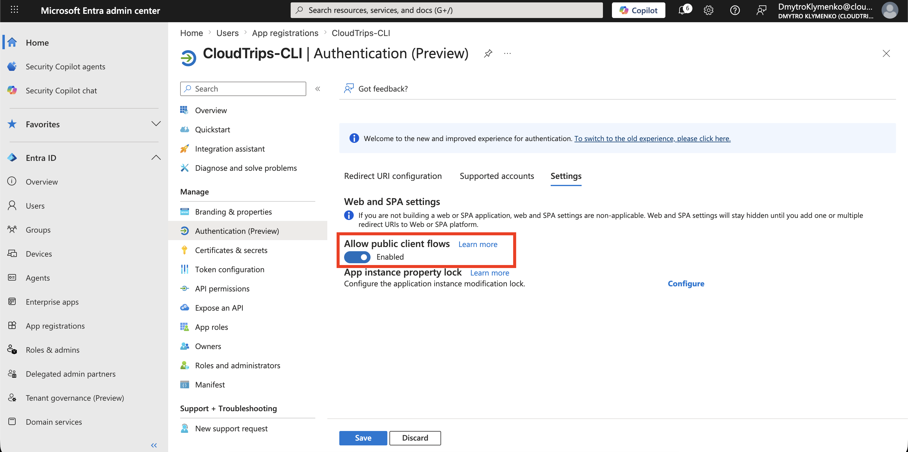 CloudTrips CLI Authentication Seite mit aktiviertem Allow public client flows