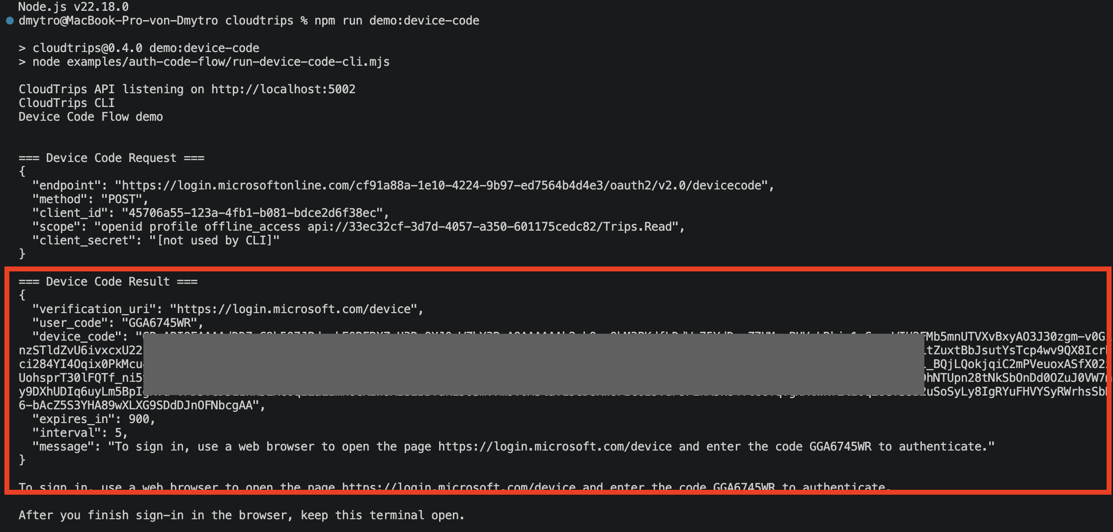 Terminalausgabe mit Device-Code-Response, Verification URL, User Code, Device Code, Ablaufzeit und Polling-Intervall